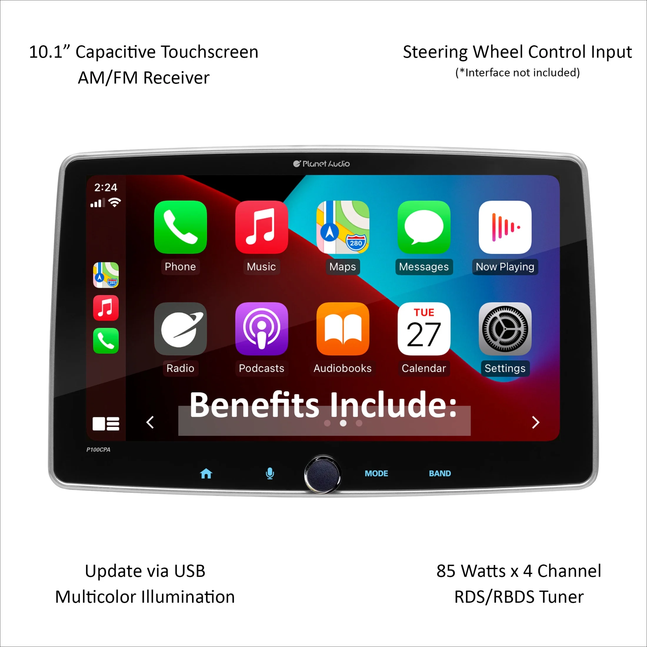 Planet Audio P100CPA Car Stereo - Apple CarPlay, Android Auto, Single Din, 10.1 Inch Touchscreen, Bluetooth, No CD DVD Player, AM/FM Radio Receiver
