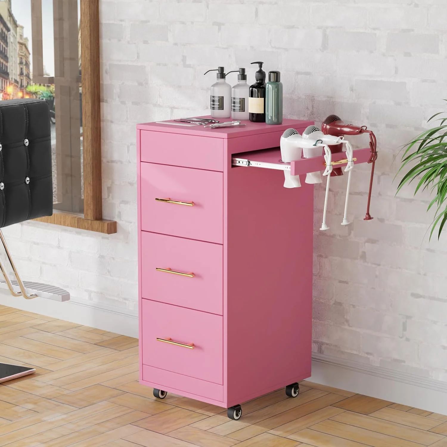 OmySalon Wood Salon Trolley Cart with Wheels, Hair Cart Mobile Storage Cabinet, Hairdressing Styling Tools Organizer, Rolling Salon Station for Beauty Spa Barbershop Tattoo, Pink