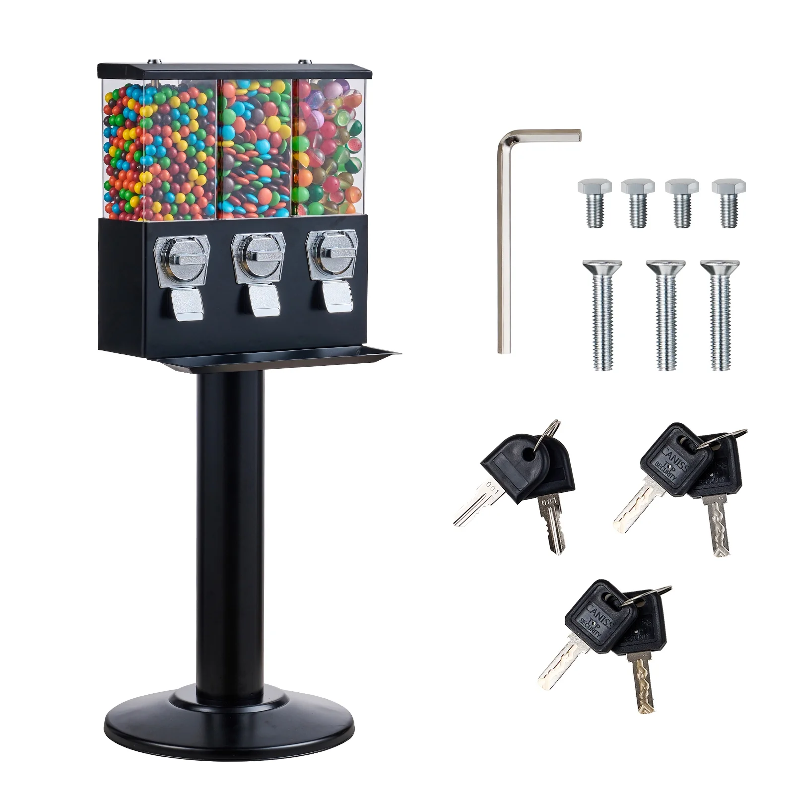 SKYSHALO Black Gum Ball with Stand Vending Machine 44in Height Freestanding Commercial 25 Cents Coin Operated Gumball Bank 3 Compartment Candy Dispenser Vintage Candy Dispenser