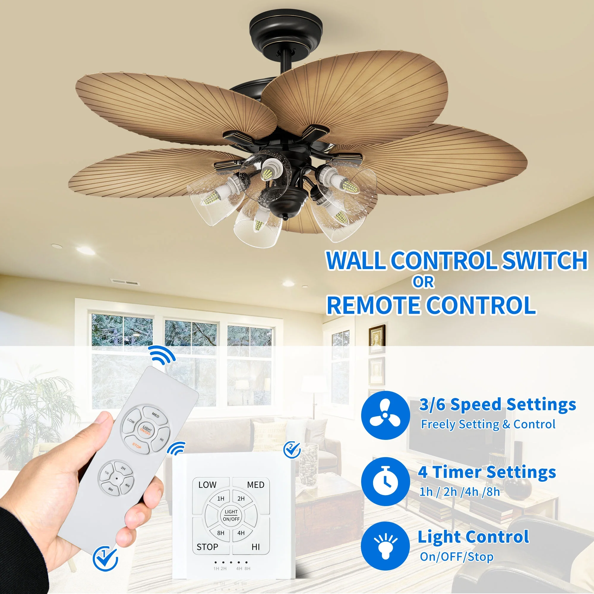 Dextrus 52in Tropical Ceiling Fans with Light and Remote, 5 Palm Leaf Blades, 3 Speed, Timer - Black & Brown