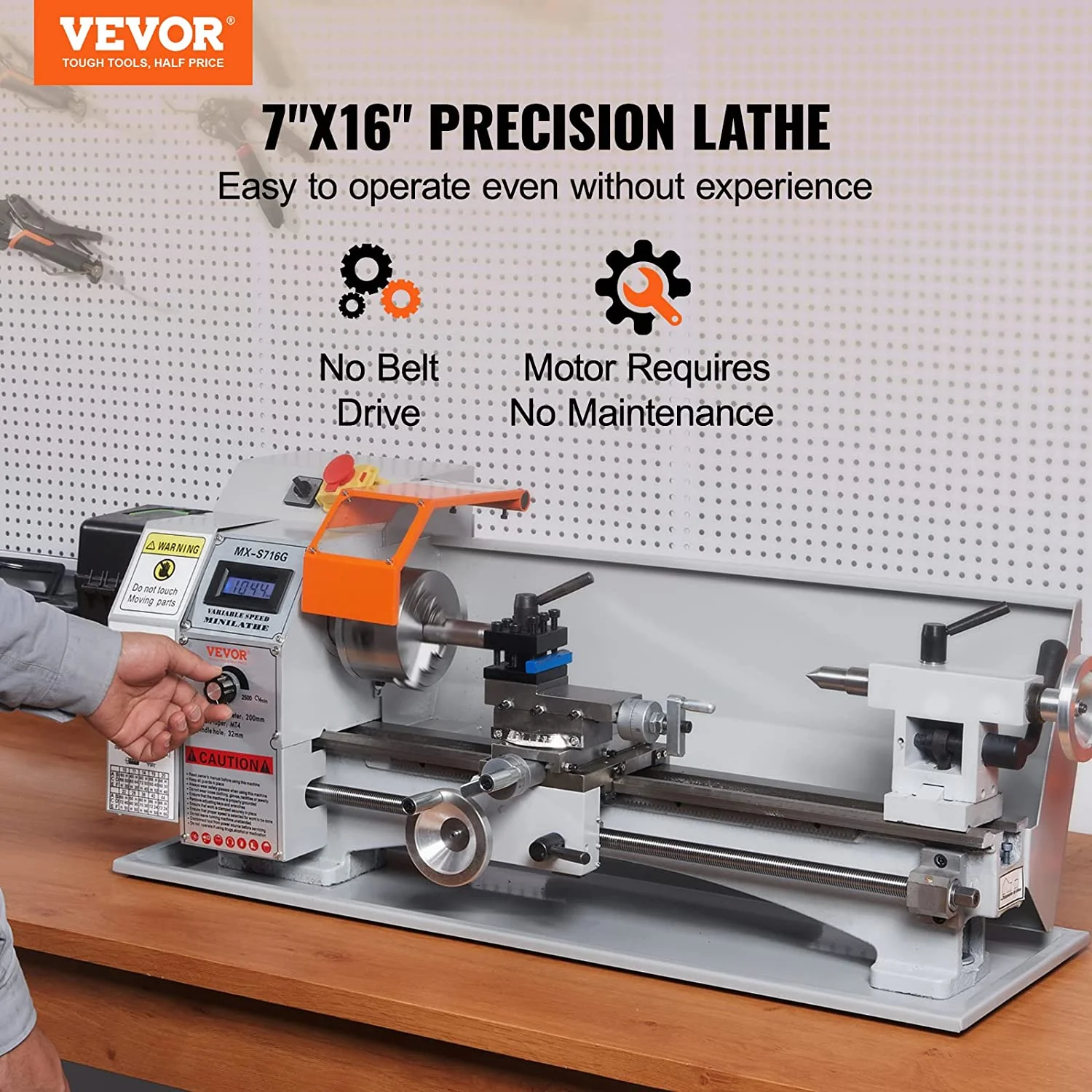 Vevor 7 x 16 in. 800W Mini Metal Lathe Machine, Precision Benchtop Power Metal Lathe, 150-2500 RPM Continuously Variable Speed, with 3.9 in. 3-Jaw Metal Chuck Tool Box