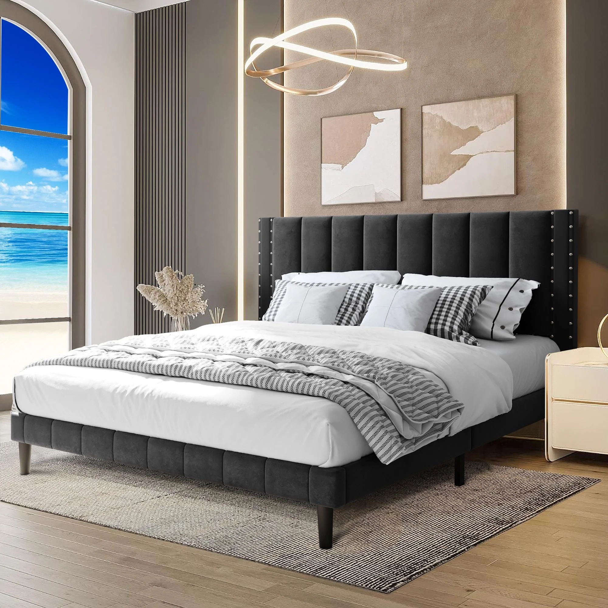 Segmart Queen Size Velvet Upholstered Bed Frame with Rivets Headboard, Platform Bed with Wooden Slats Support, Fully Upholstered Mattress Foundation, No Box Spring Needed, Black