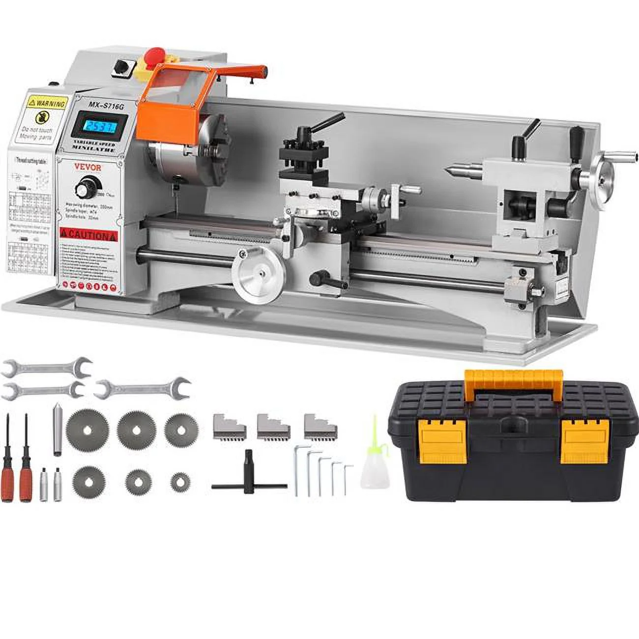 Vevor 7 x 16 in. 800W Mini Metal Lathe Machine, Precision Benchtop Power Metal Lathe, 150-2500 RPM Continuously Variable Speed, with 3.9 in. 3-Jaw Metal Chuck Tool Box