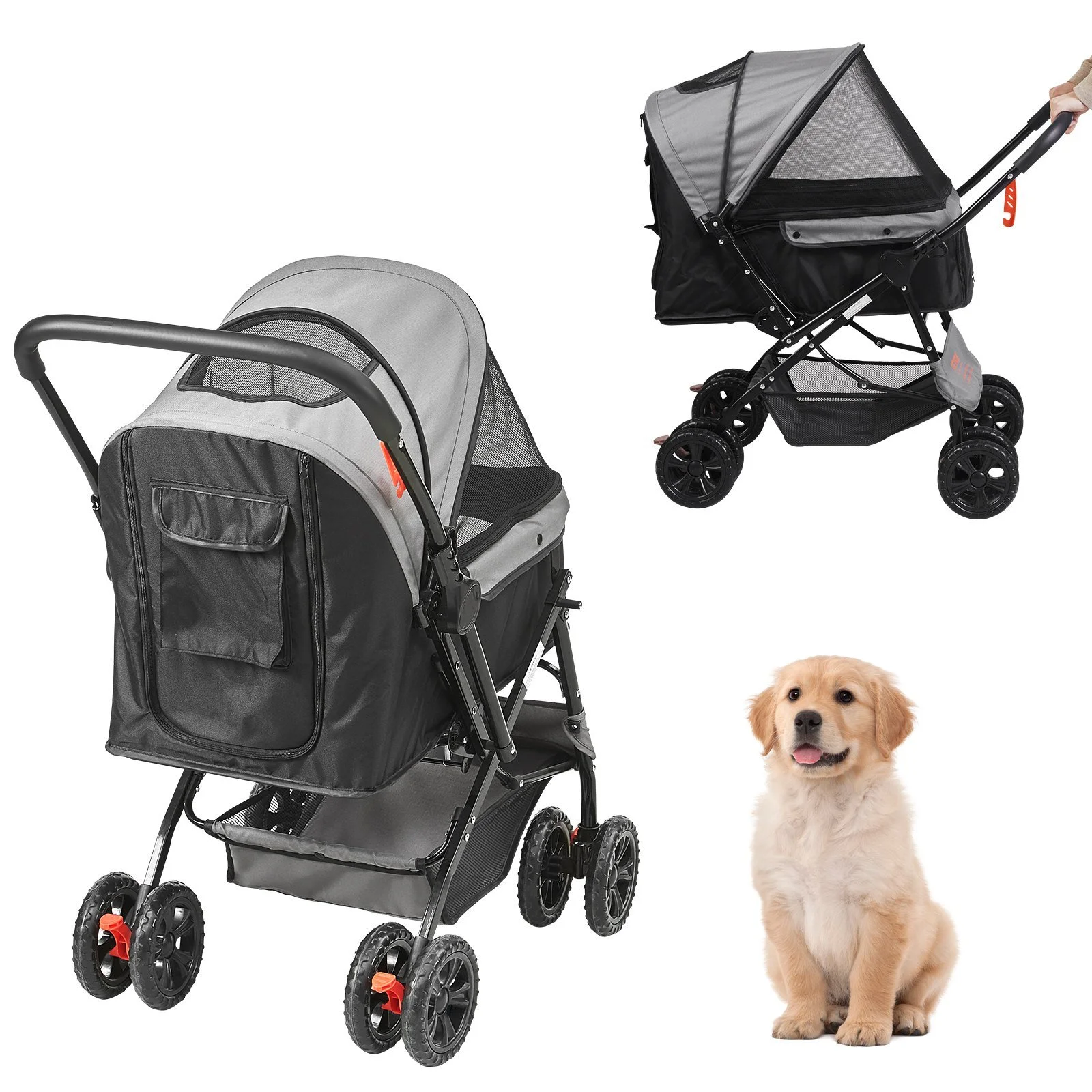 Vevor 4 Wheels Dog Stroller Rotate with Brakes, Black & Grey
