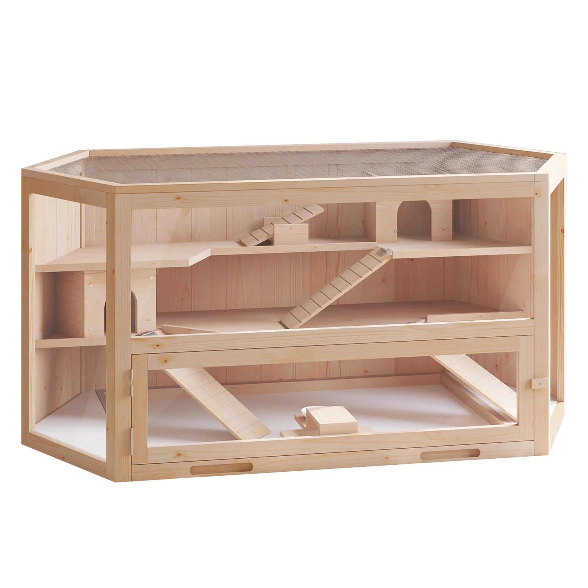 Pawhut Compatible Wooden 3-Tier Hamster Cage Hutch Box with Seesaw, Natural