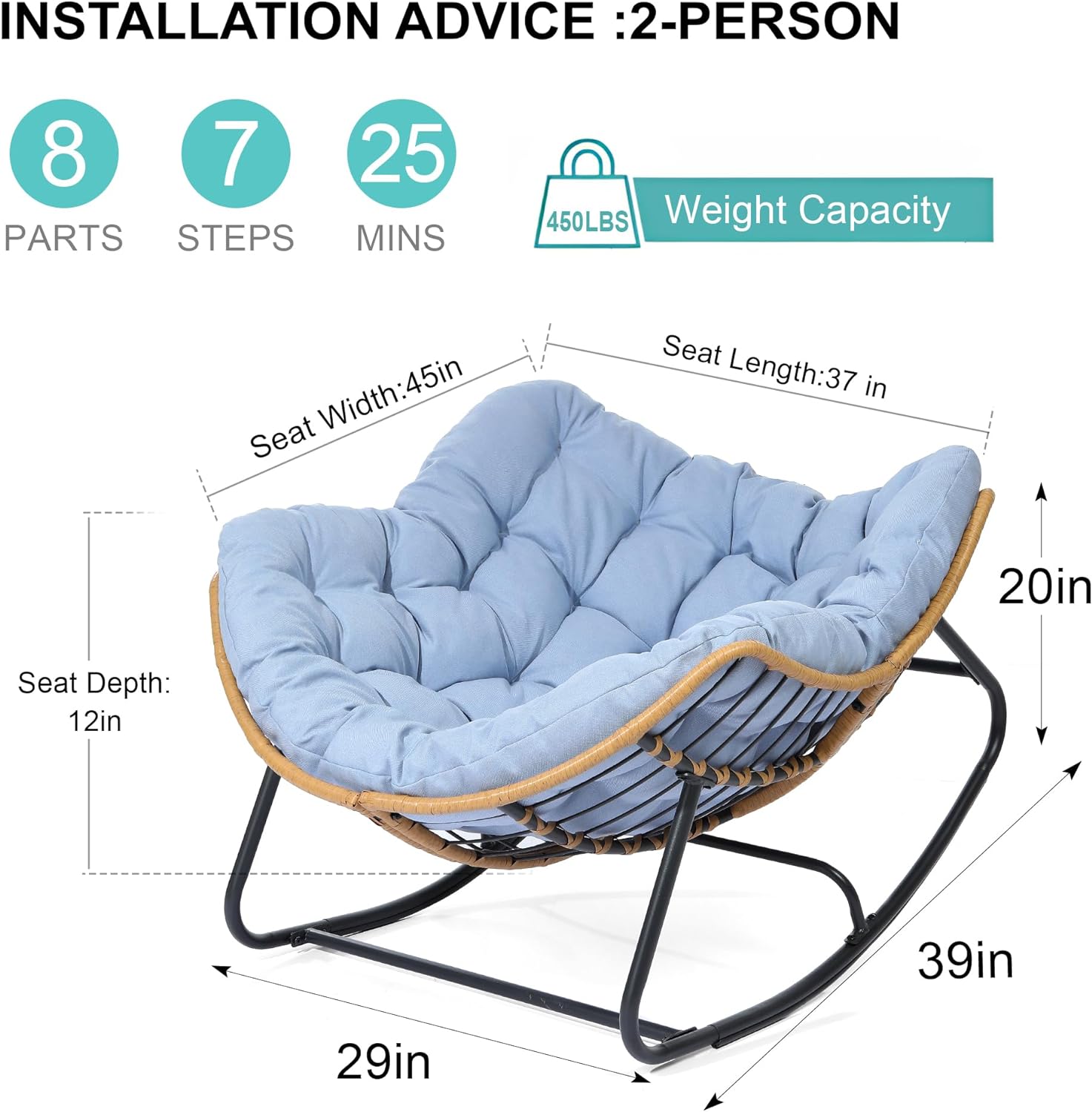 SWITTE Outdoor Rocking Chair, Patio Egg Rocking Chair, Indoor Papasan Chair, Rattan Wicker Lounge Chair, Modern Royal Chair for Bedroom, Living Room, Porch, Garden, Lawn-Blue