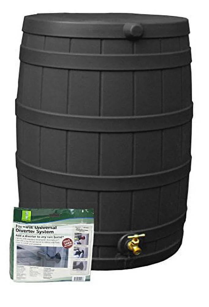 Good Ideas Rain Wizard Water Storage Rain Collection Barrel 50-Gallon w/Diverter Kit, Black
