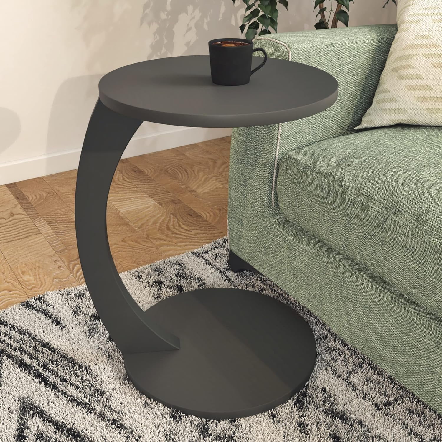 C-Shaped End Table with Rolling Wheels - Easy to Assemble, Grey