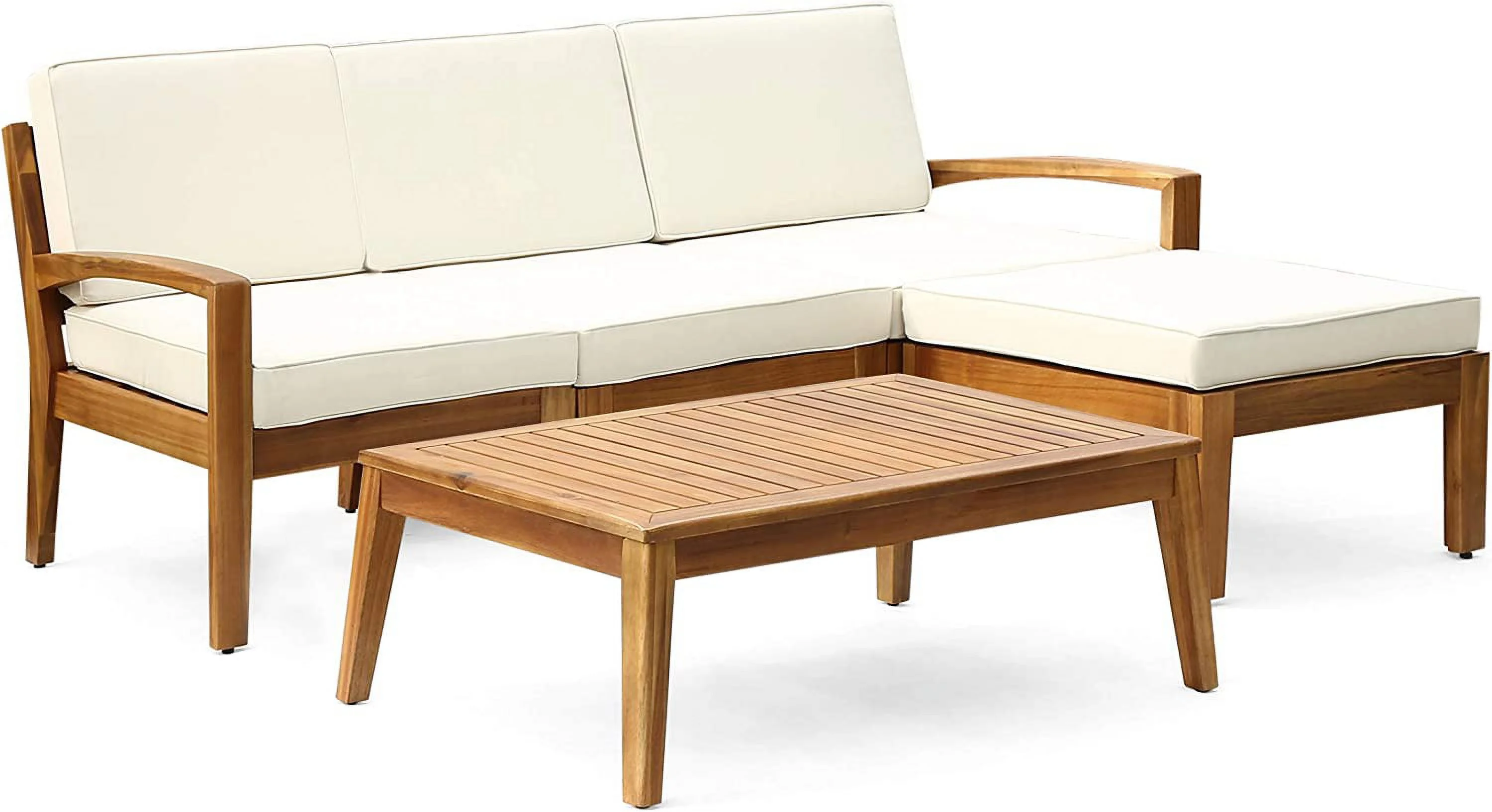 Grenada Sectional Sofa Set | 5-Piece 3-Seater | Includes Coffee Table and Ottoman | Acacia Wood Frame | Water-Resistant Cushions | Teak and Beige Finish
