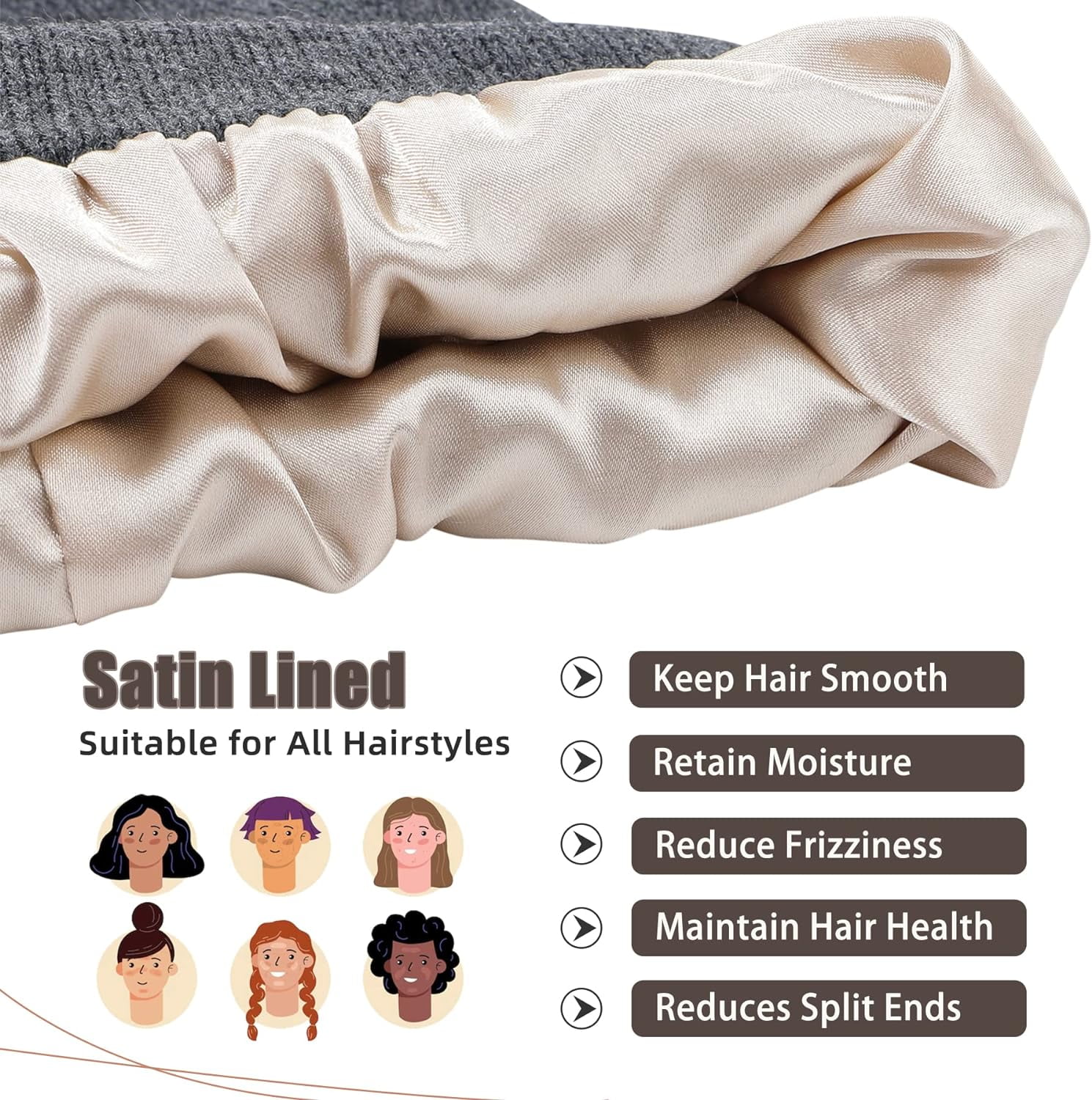 Women Satin Lined Knit Beanie Hat Winter Hats for Women Men Silk Lining Soft Slouchy Warm Cuffed Beanie Hat (White)