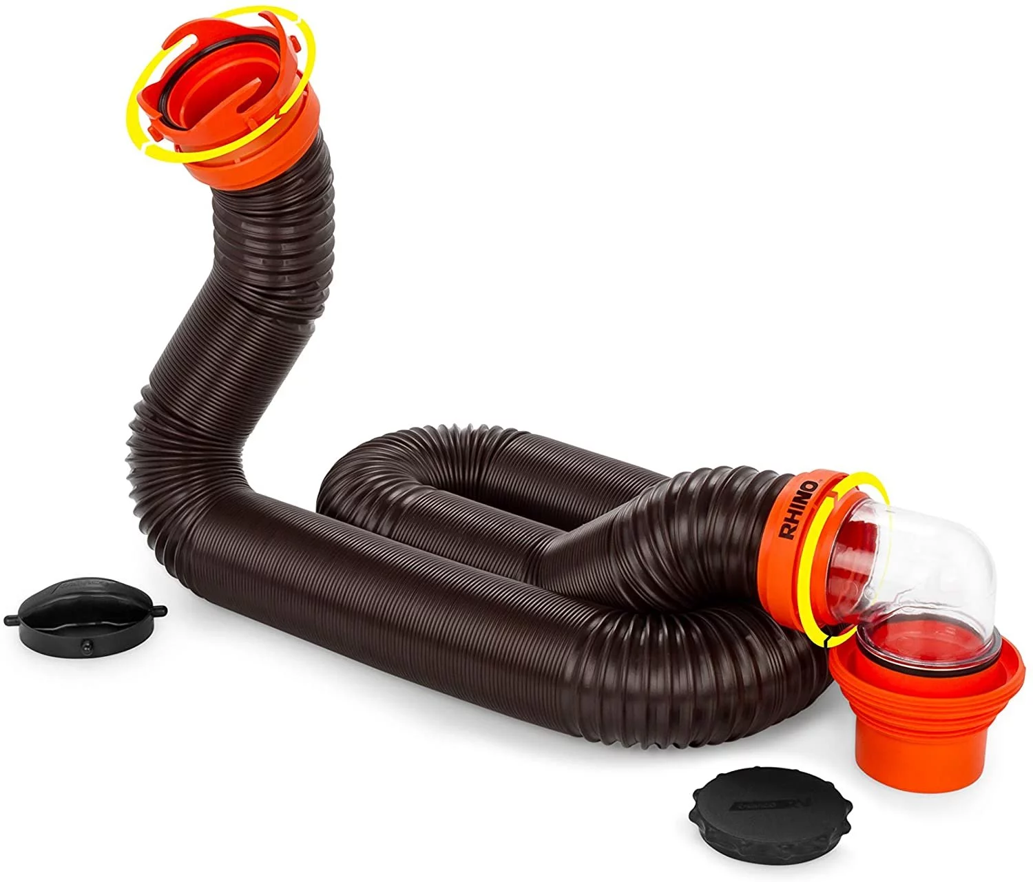 Camco RhinoFLEX 15ft RV Sewer Hose Kit, Includes Swivel Fitting and Translucent Elbow with 4-In-1 Dump Station Fitting, Storage Caps Included - 39761