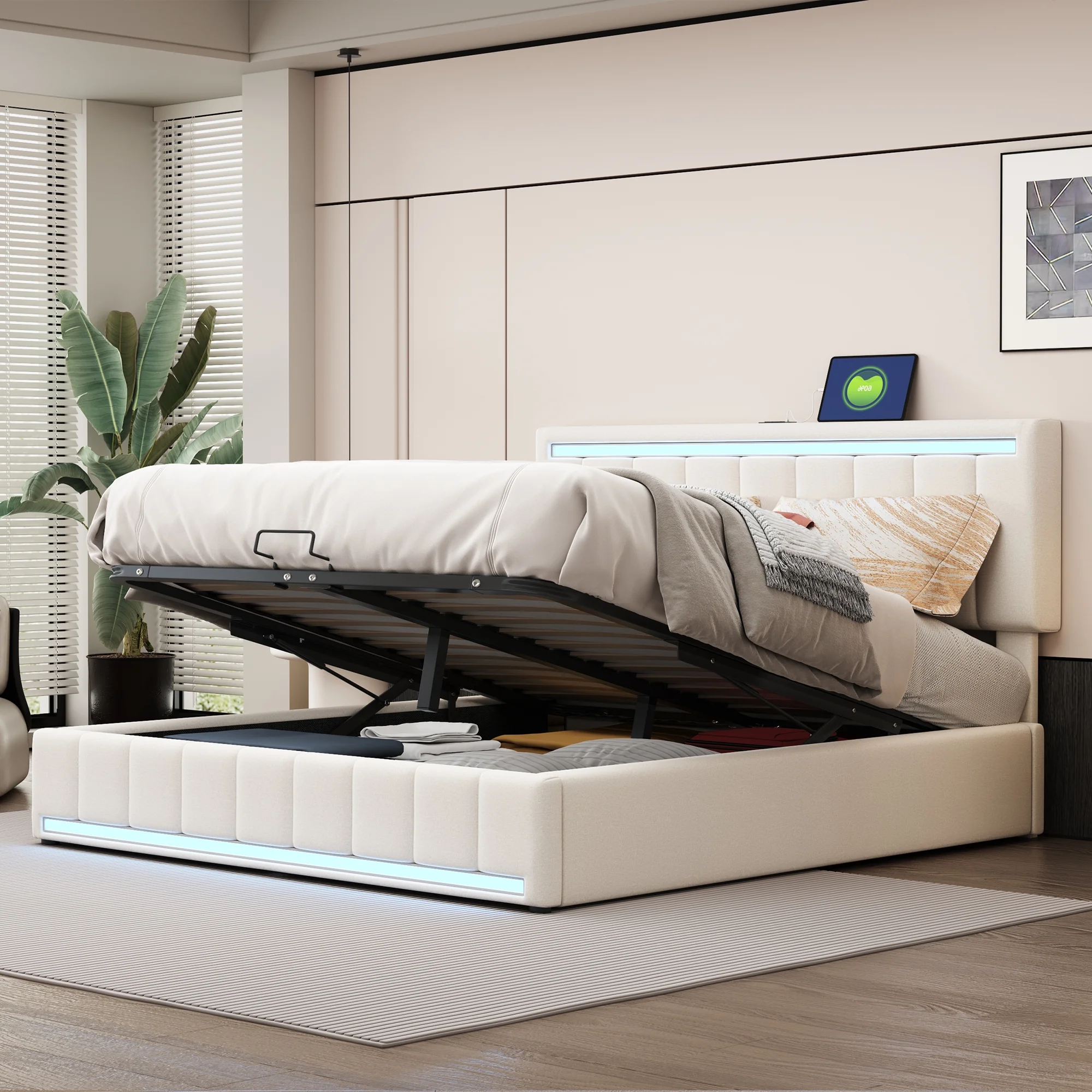 Churanty Queen Upholstered Platform Bed with Hydraulic Storage System and LED Light, Queen Size Platform Bed Frame with USB Ports and Sockets,
