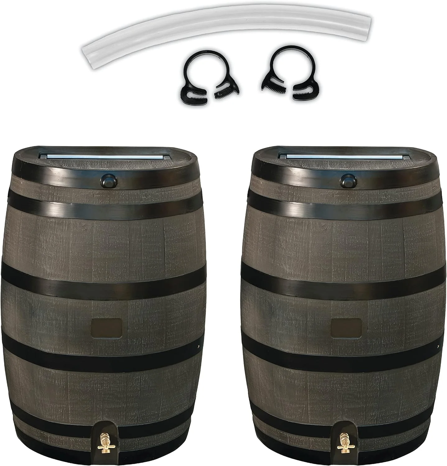 RTS Home Accents 50 Gallon Flat Back Rain Barrel With Kit, Woodgrain With Black Stripes (2 Pack)