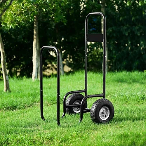 Steel Firewood Log Cart Carrier - Fireplace Log Rolling Caddy Hauler - Wood Mover Outdoor Indoor Storage Holder Rack - Rolling Wheeled Metal Dolly Hauler Black RO09911