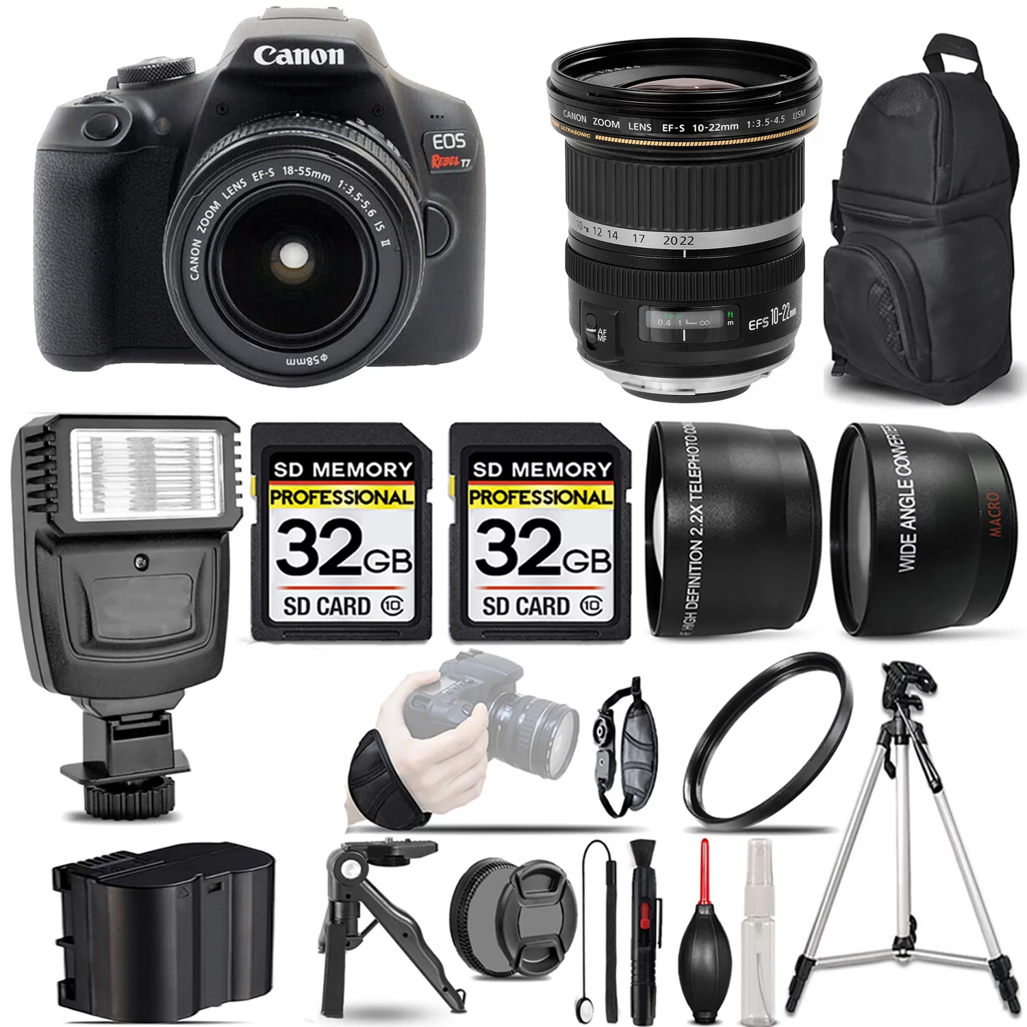 Canon EOS Rebel T7 DSLR Camera with 18-55mm Lens +10-22mm f/3.5-4.5 USM Lens +Flash +64GB- Kit
