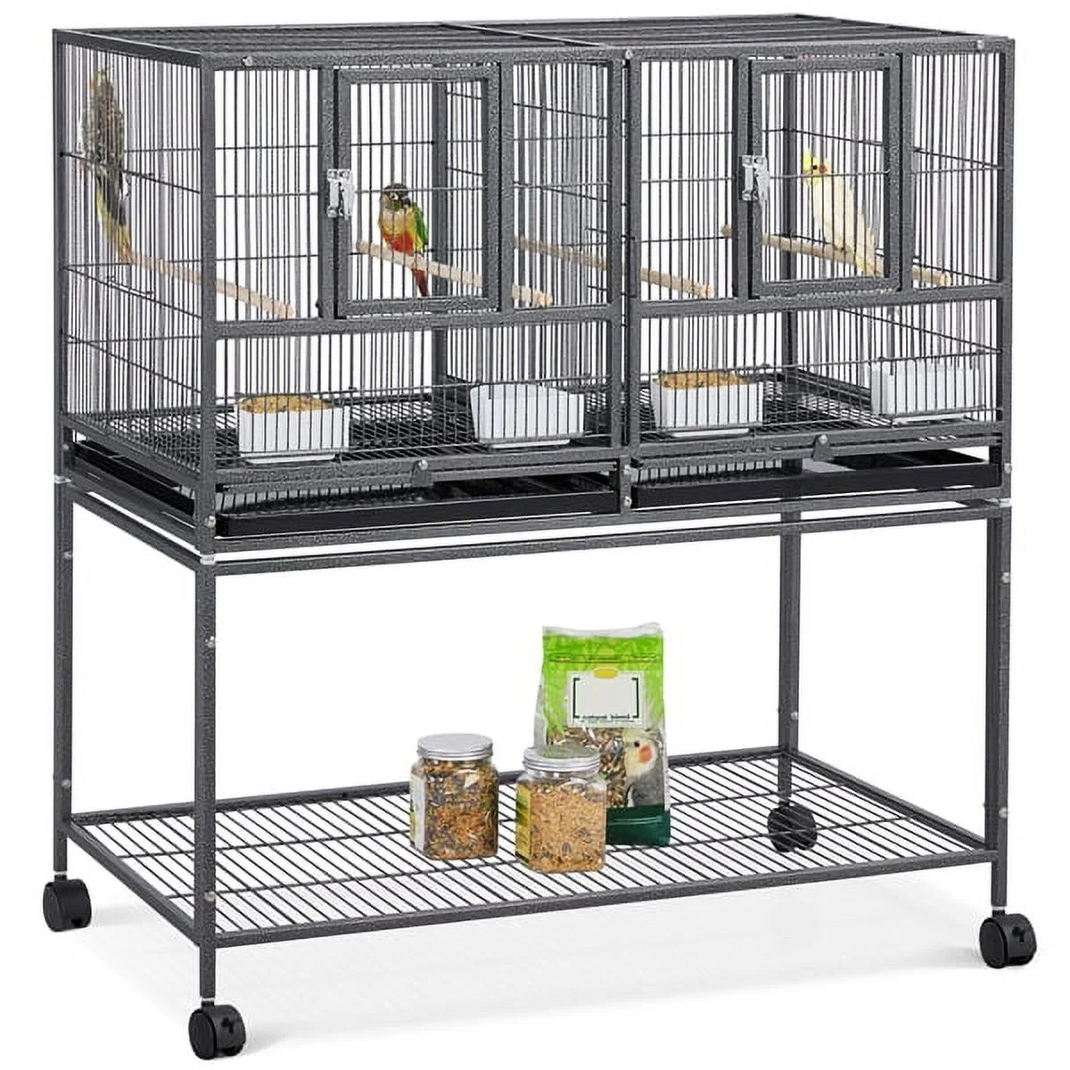 Alden Design Rolling Metal Divided Breeder Cage Stackable Wide bird cage with stand for Small Birds Lovebirds Finch Canaries Parakeets Cockatiels Budgies,Black
