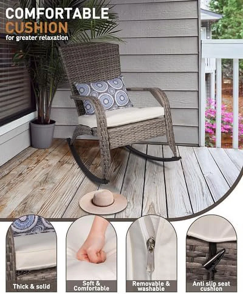 CHIOPKM Patio Rocking Chair- Wicker Rocking Chairs Outdoor with Cushions and Pillow  All-Weather Outdoor Rocker Chair with 2 Replaceable Cushion Covers (White & Blue) 350lbs