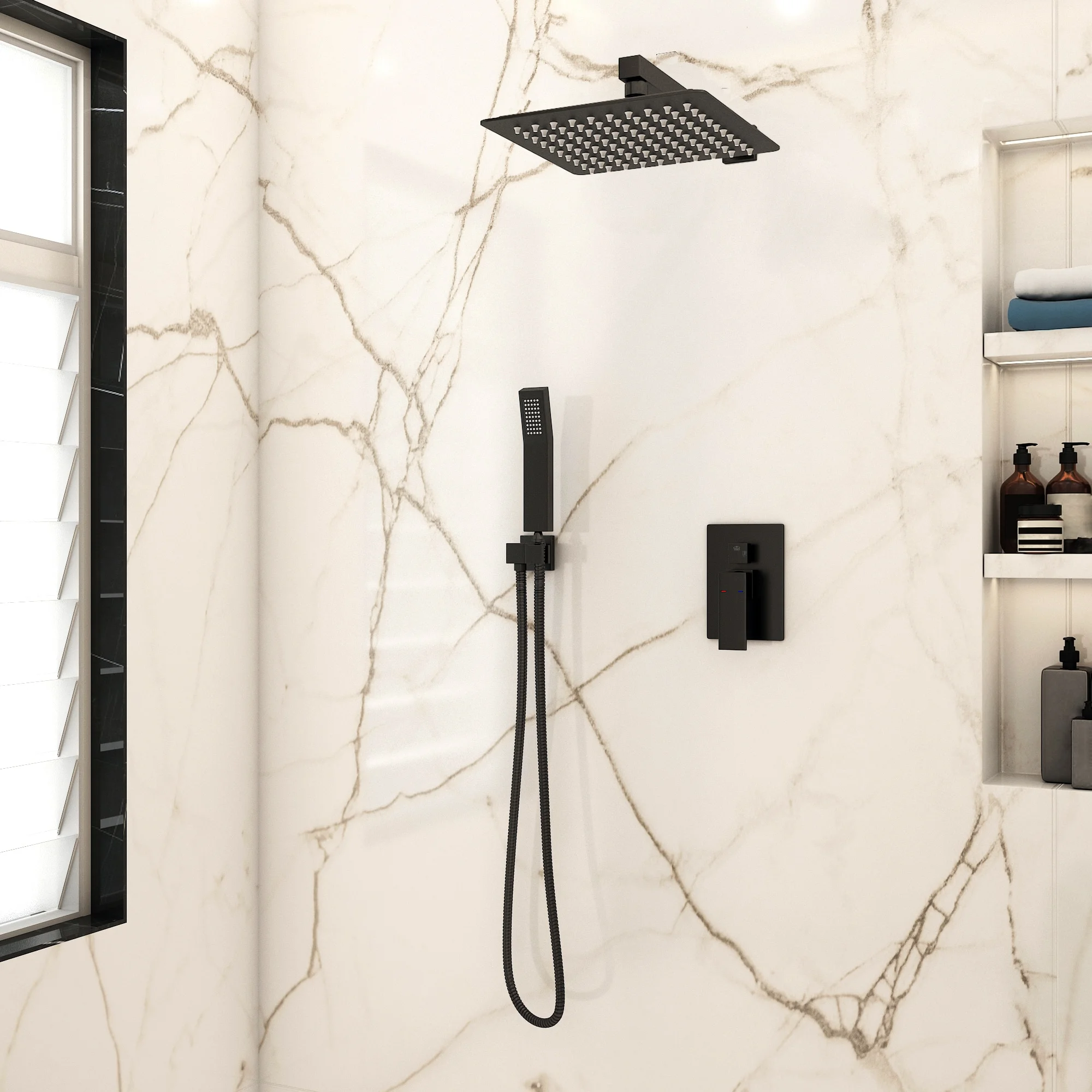 Ayna Decors Stainless Steel Shower System with 12 Inch Rain Shower Head and Handheld Wall Mount Shower Faucet Set, Hand Sprayer Rough-in Valve & Trim Kit Bathroom Mixer Shower Set, Matte Black