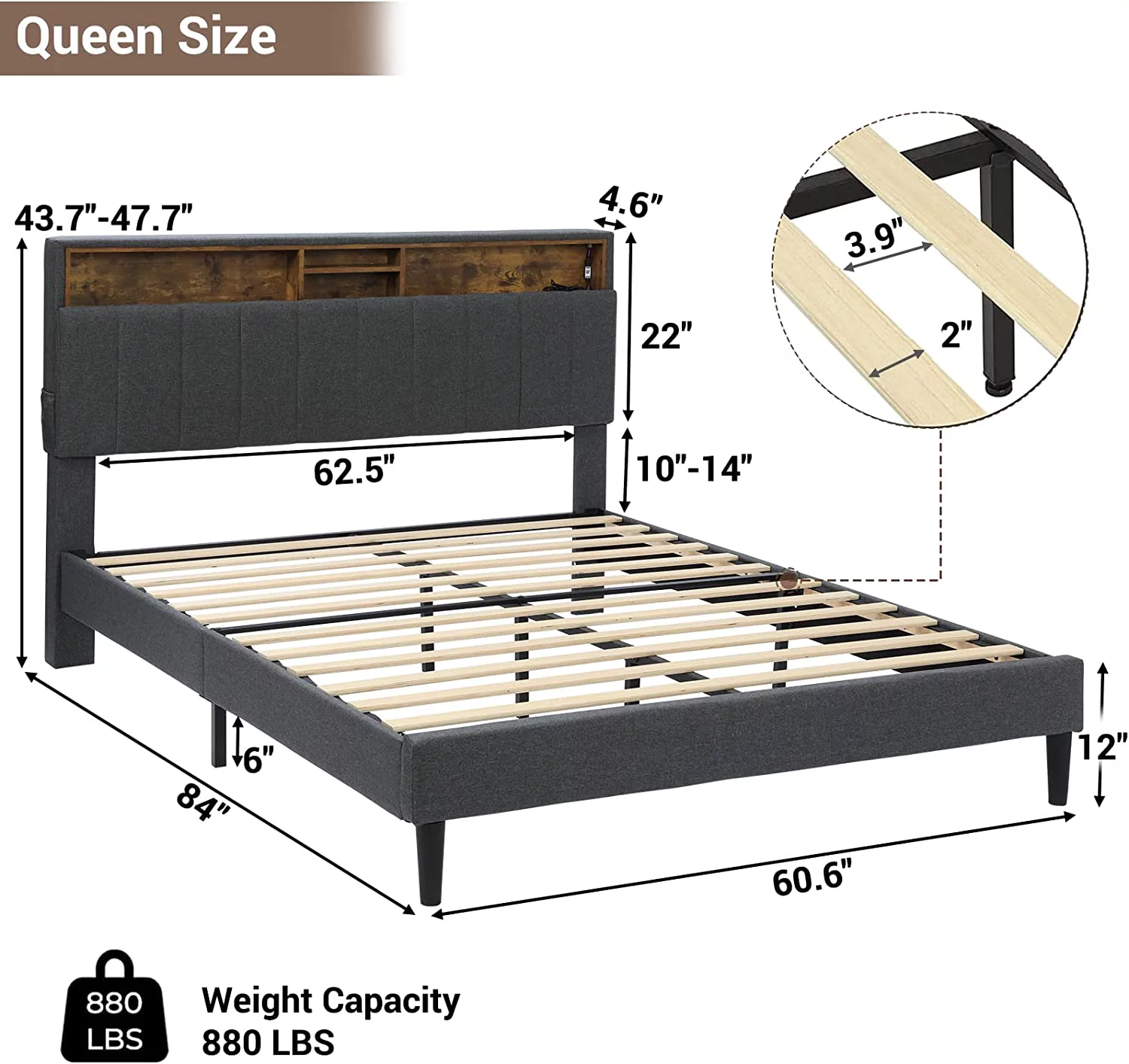 Tiptiper LED Lights Headboard  Platform Bed Frame Queen Size with Outlets and USB Ports  Upholstered Bed with Storage  No Box Spring Needed  Dark Grey