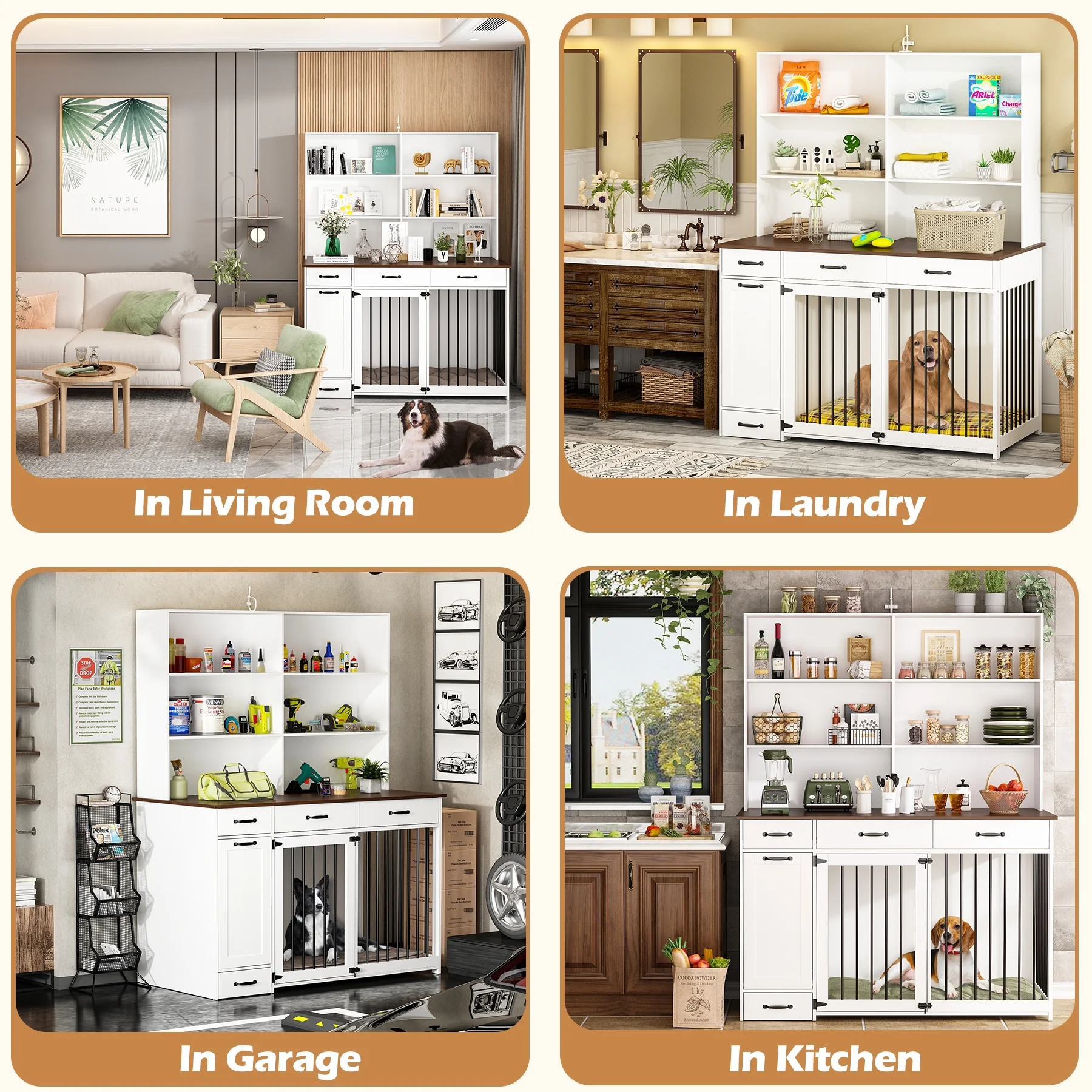 NARTRU Dog Crate Furniture with Storage, Wooden Dog Crate Cabinet with Dog Bowls, Dog Food Storage, Drawers and Shelves for Small, Medium or Large dog, White