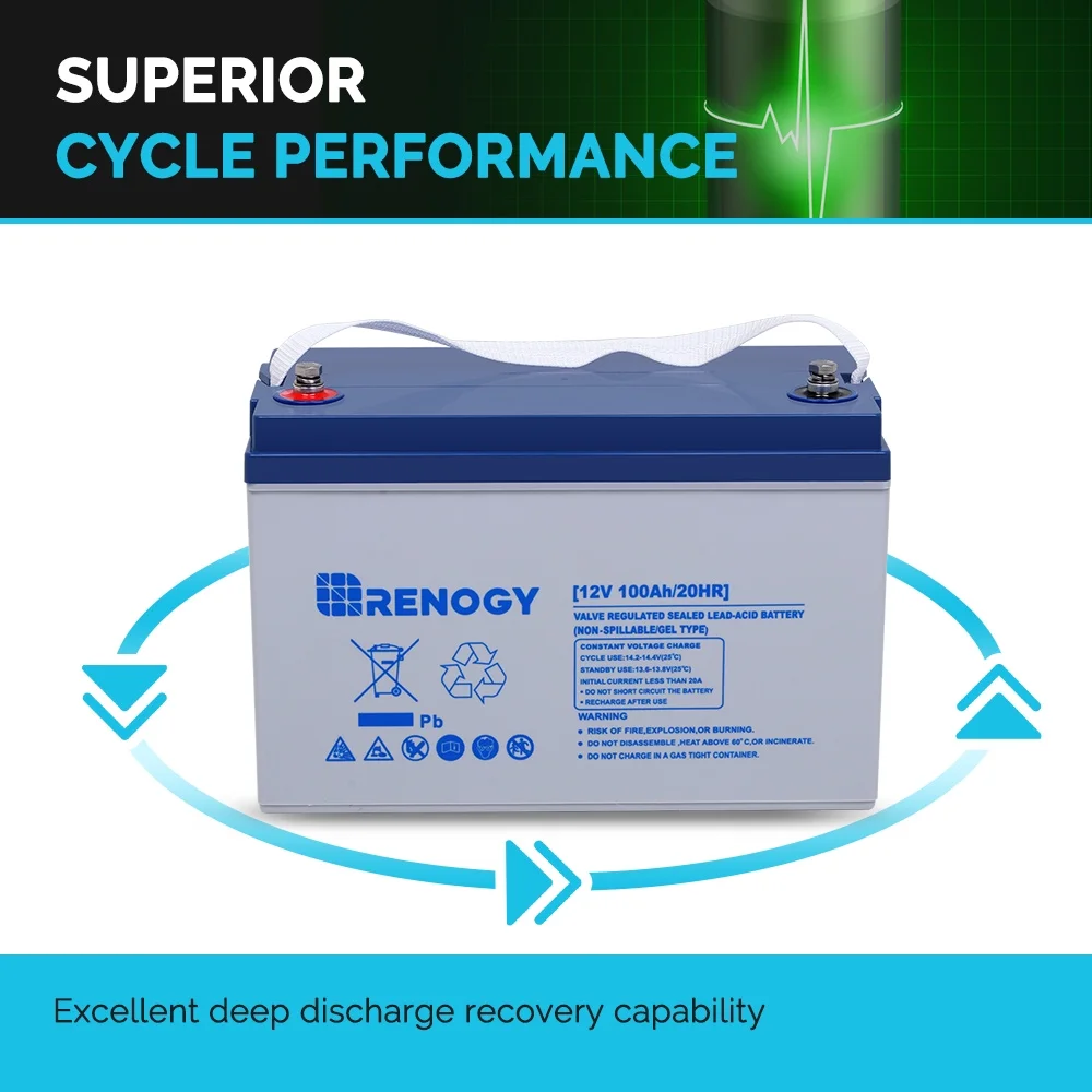 Renogy 12V 100AH Deep Cycle Hybrid Gel Battery, Rechargeable for Solar Wind RV Marine Camping UPS Wheelchair Trolling Motor, Maintenance Free