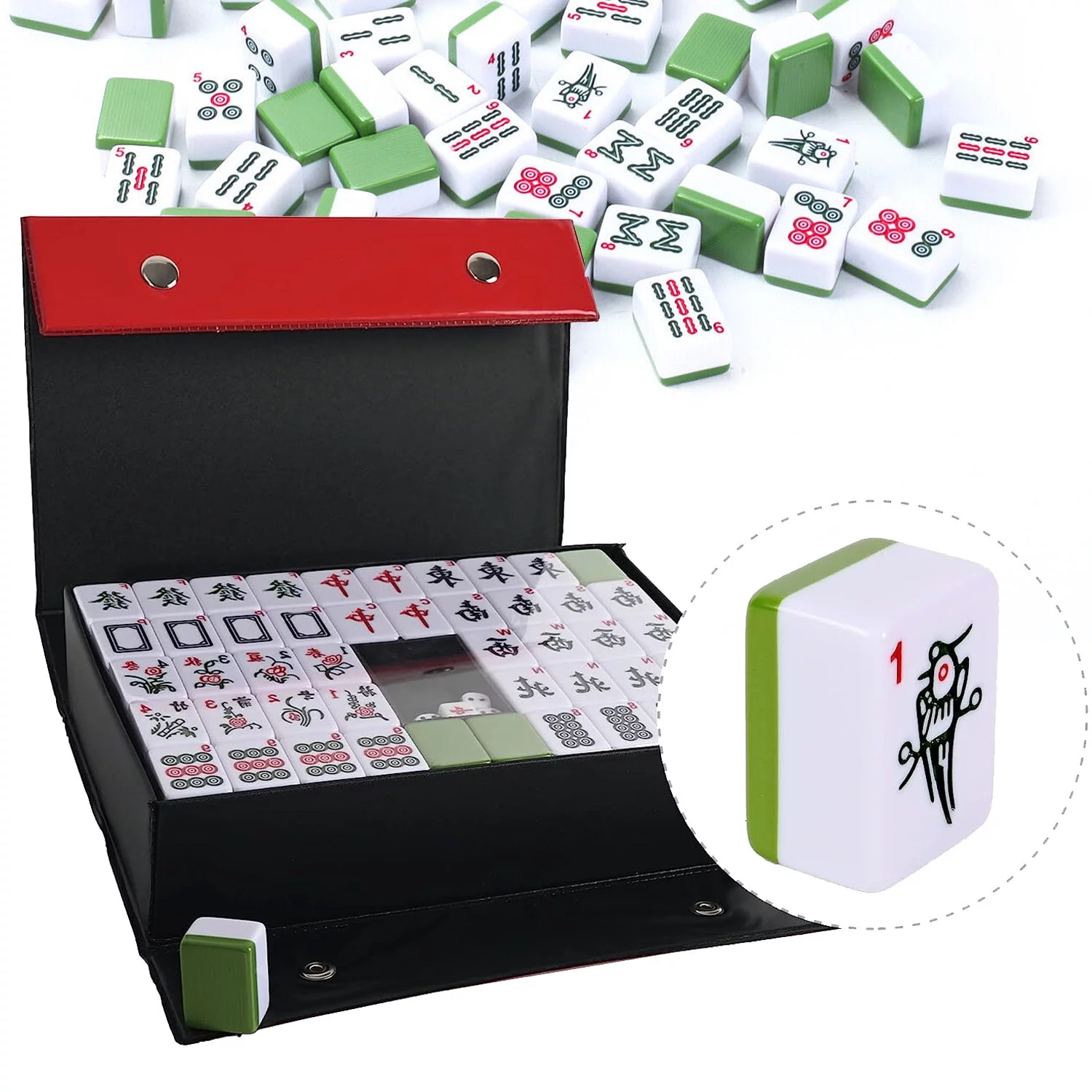 bimiti Playing MahJong Classic Strategy Game for Kids, Families, Melamine Chinese Mahjong Set Gift with Word