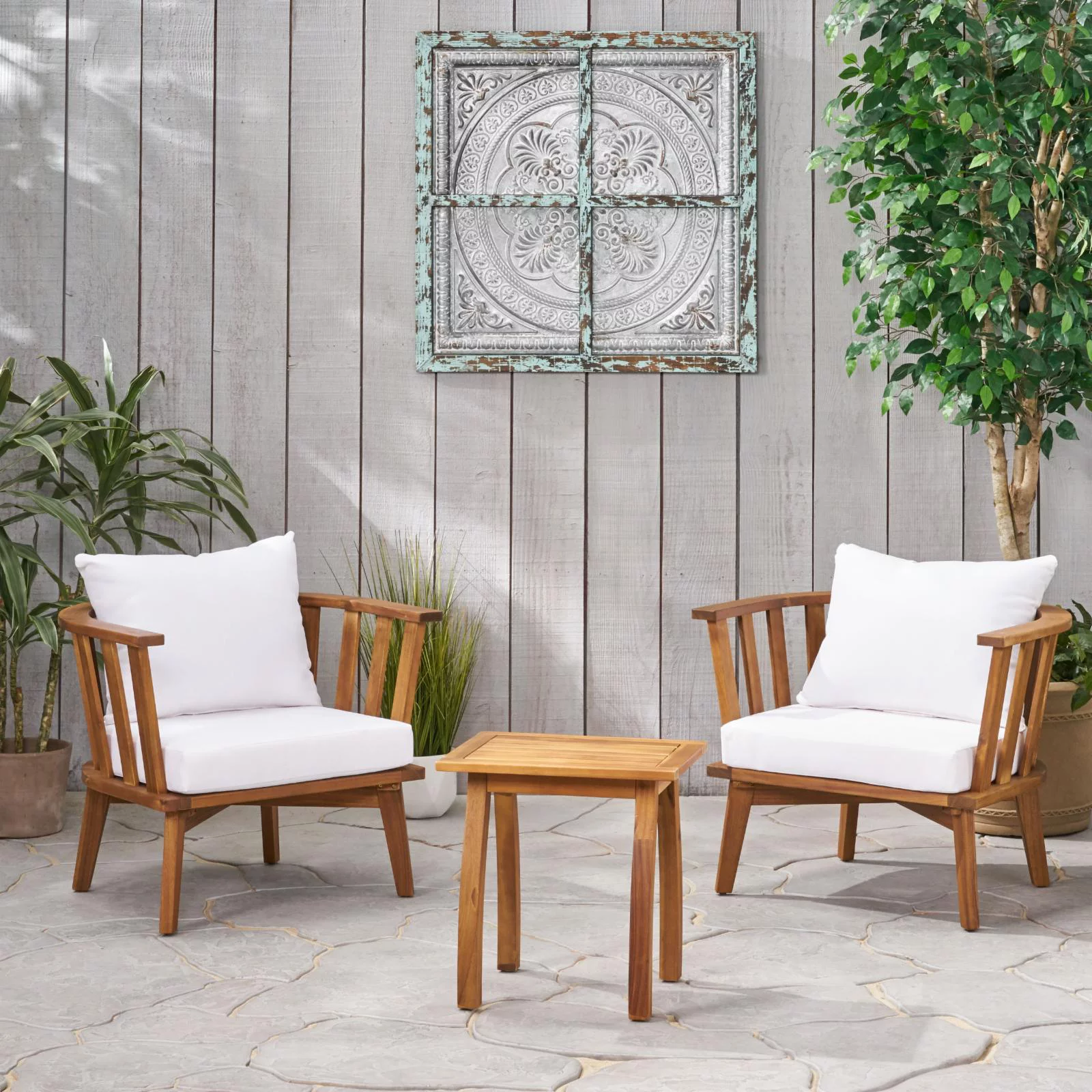 Lashae Outdoor Acacia Wood 2 Seater Club Chair Chat Set