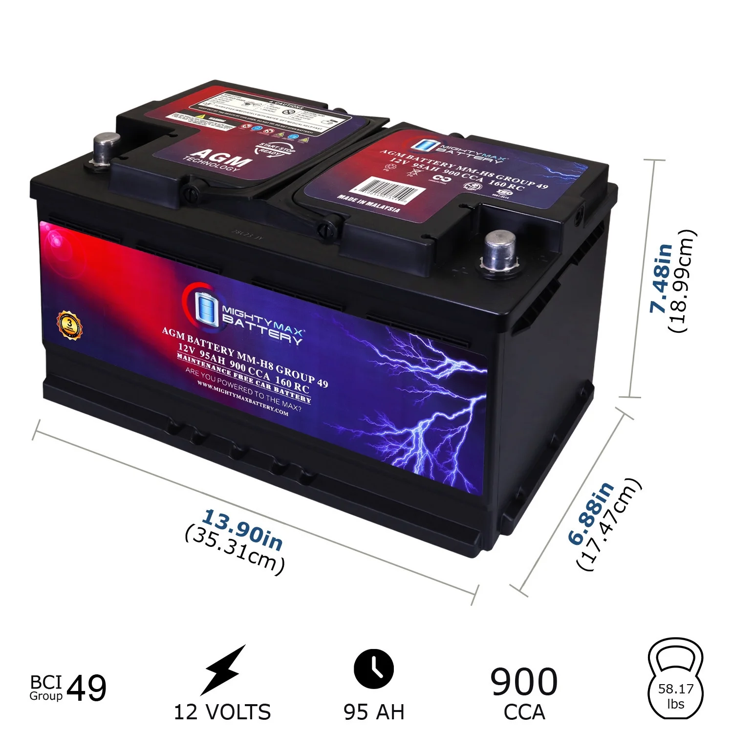 MM-H8 Group 49 12V 95Ah 160RC 900CCA Replacement Battery Compatible with Daihatsu Rocky 96-00