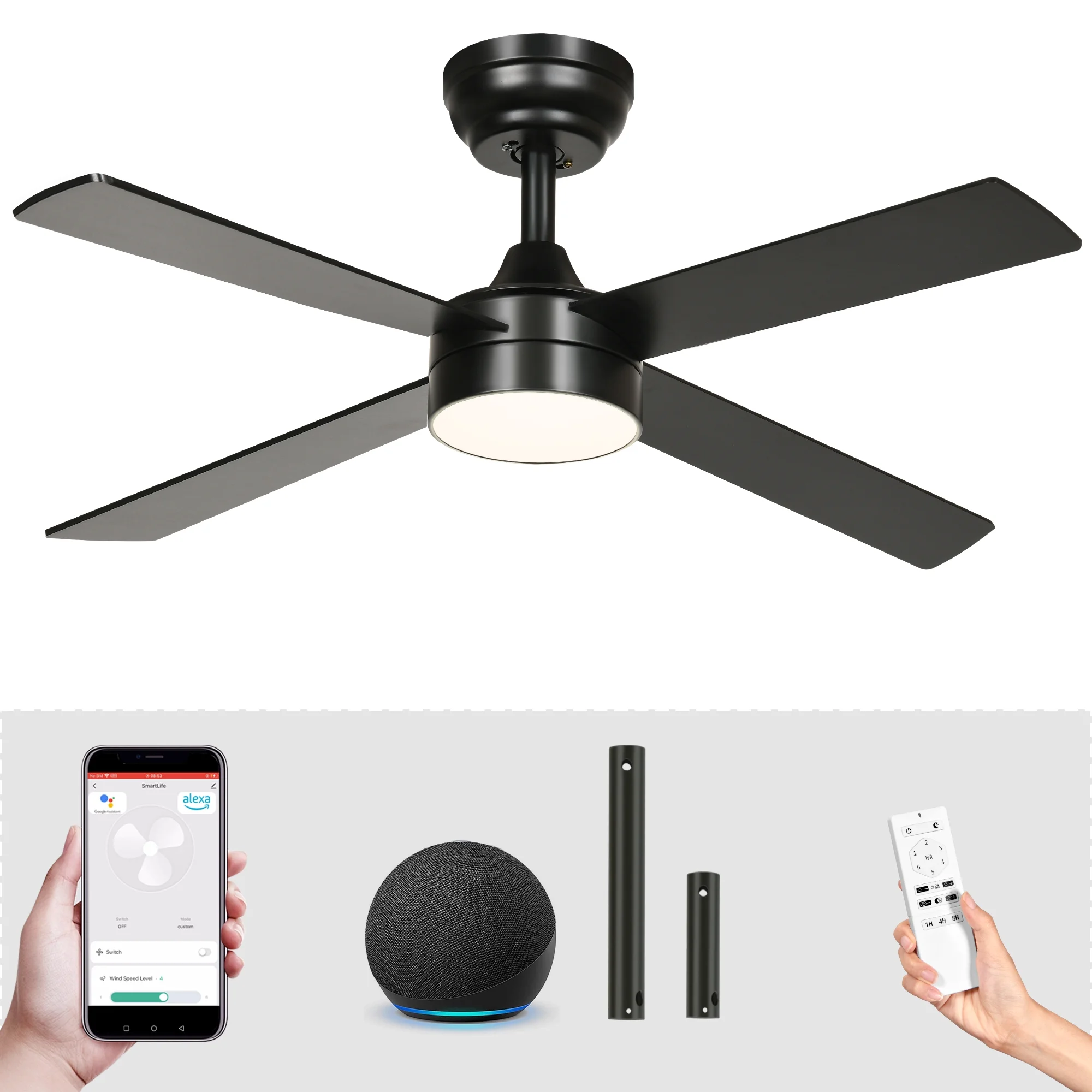 Dextrus 48in Black Ceiling Fans with Light and Remote Control /App Control, Modern Smart Ceiling Fan for Indoor Outdoor, 4 Blades,Compatible with Alexa