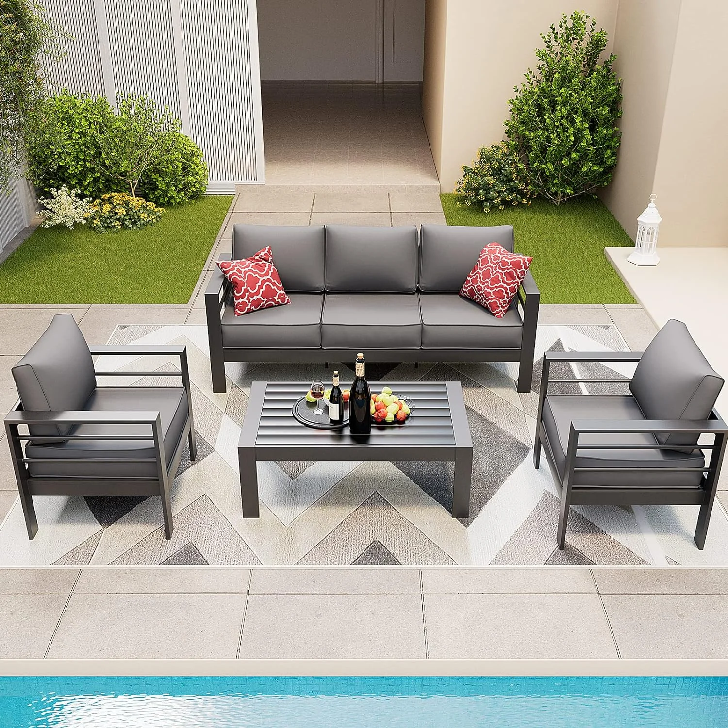 ECOPATIO Aluminum Patio Furniture Set, 6 Pcs Metal Modern Outdoor Sofa Sets, Outdoor Sectional Patio Conversation Set with Coffee Table for Backyard, Poolside, Dark Grey (Included Waterproof Covers)