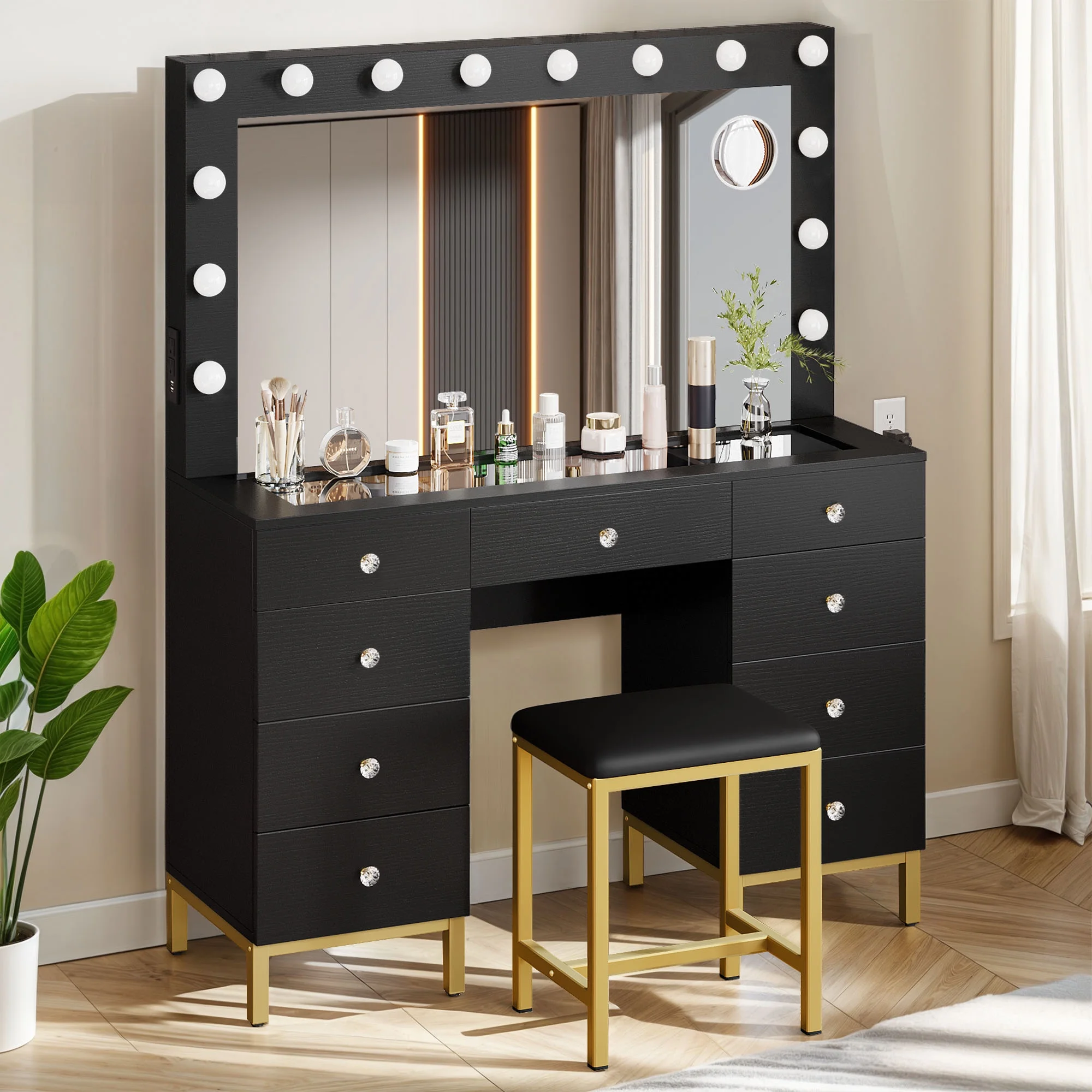 Dextrus Vanity Table Set with 3 Color Lighted Mirror & 9 Drawers , Modern Makeup Desk with Charging Station & Stool, Makeup Vanity Dressing Table for Bedroom for Women Girls, Black & Gold