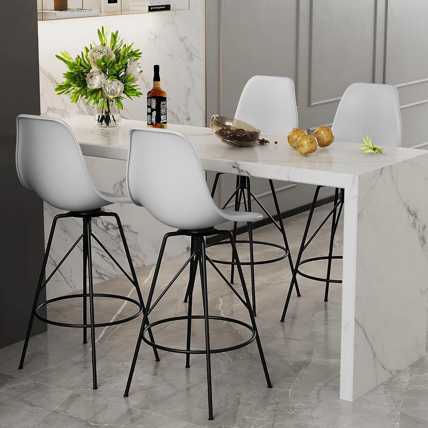 U-ToBe  30inch Mid Century Swivel Barstools Set of 4 with Back, Modern Counter Bar Height Stools Armless Bar Chairs Side Chair-White