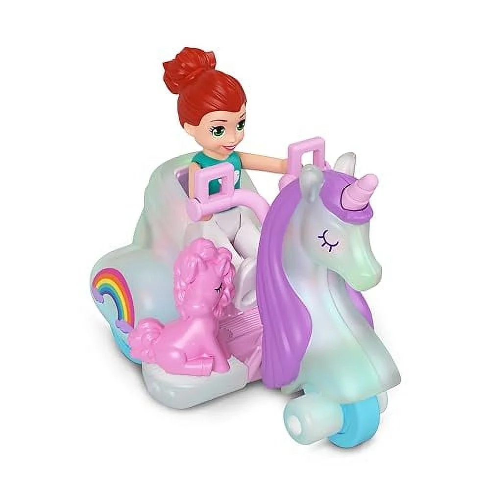 Polly Pocket Collectible Micro Mini Metal Vehicle, Poseable Doll and Pet Set - Lila Unicorn with Unicorn Scooter Car and Pink Unicorn Sidekick Playset