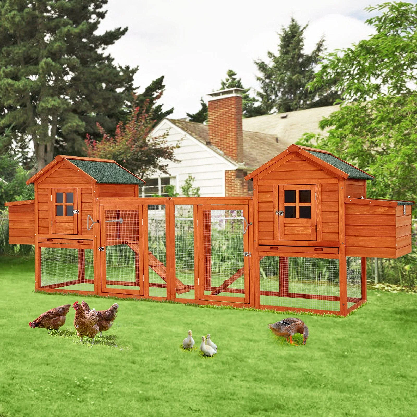 YODOLLA 144” Large Wooden Chicken Coop, Outdoor Hens House with Ramps and Nesting Boxes,Brown