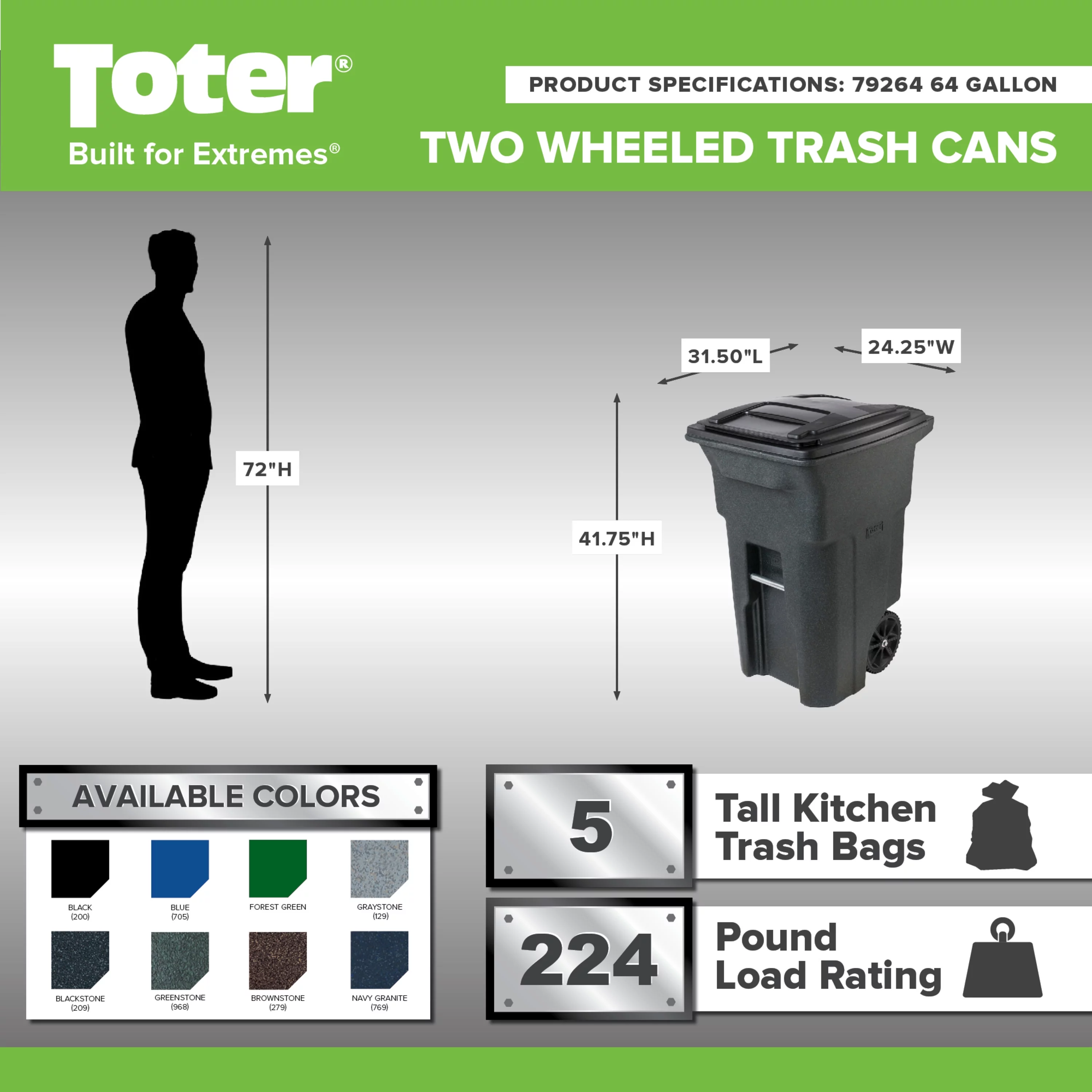 Toter Trash Can Graystone with Wheels and Lid, 64 Gallon