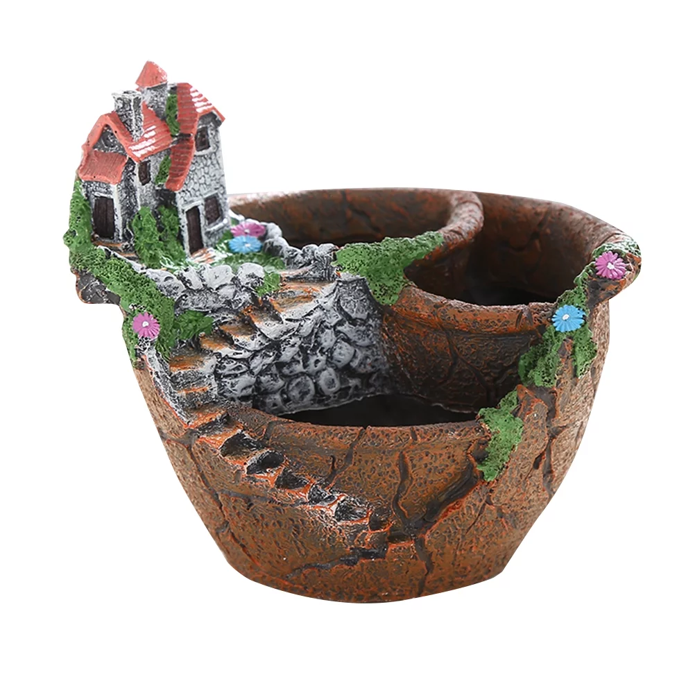 Gongxipen Fairy Garden Miniature Broken Flower Pot Villa Sweet House on the Cliff Sky Castle Sculpture Planter