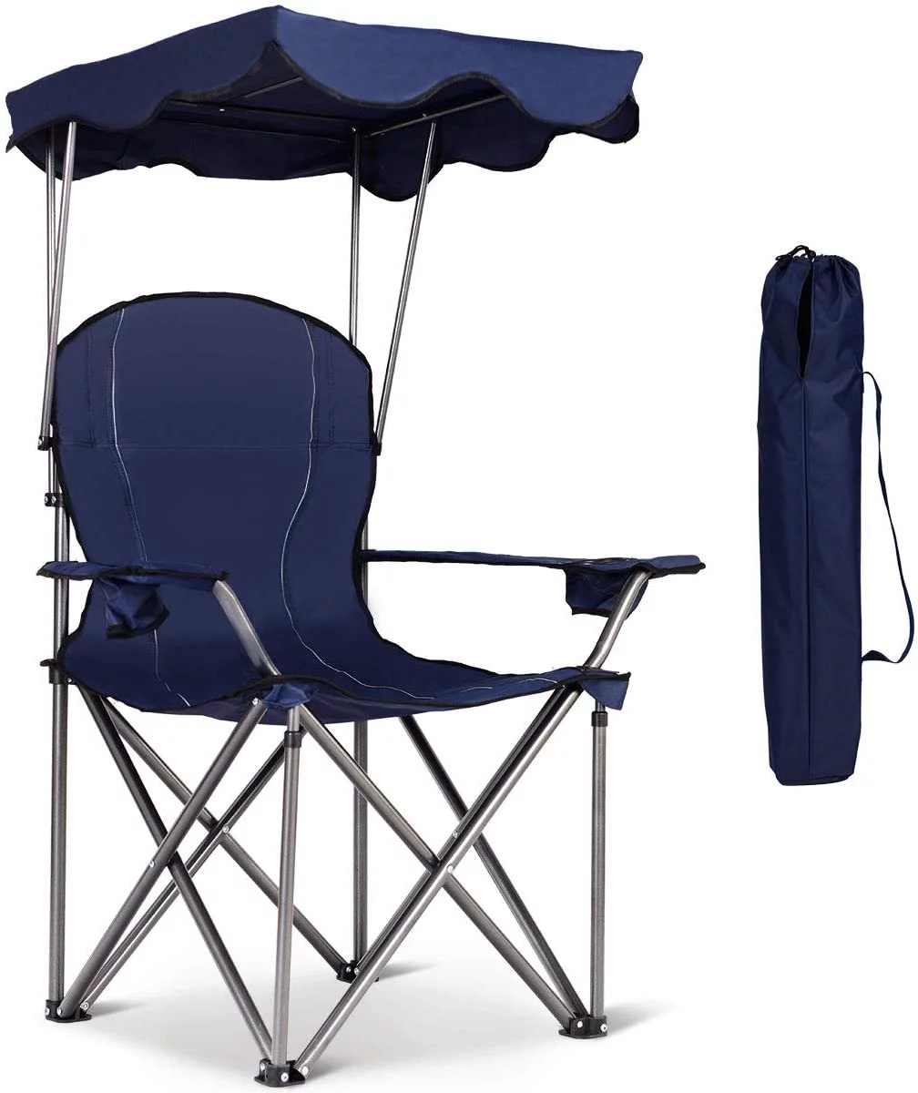 FETON Beach Chair with Canopy Shade, Folding Lawn Chair with Umbrella Cup Holder & Carry Bag, Portable Sunshade Chair for Adults for Outdoor Travel Hiking Fishing (Blue)