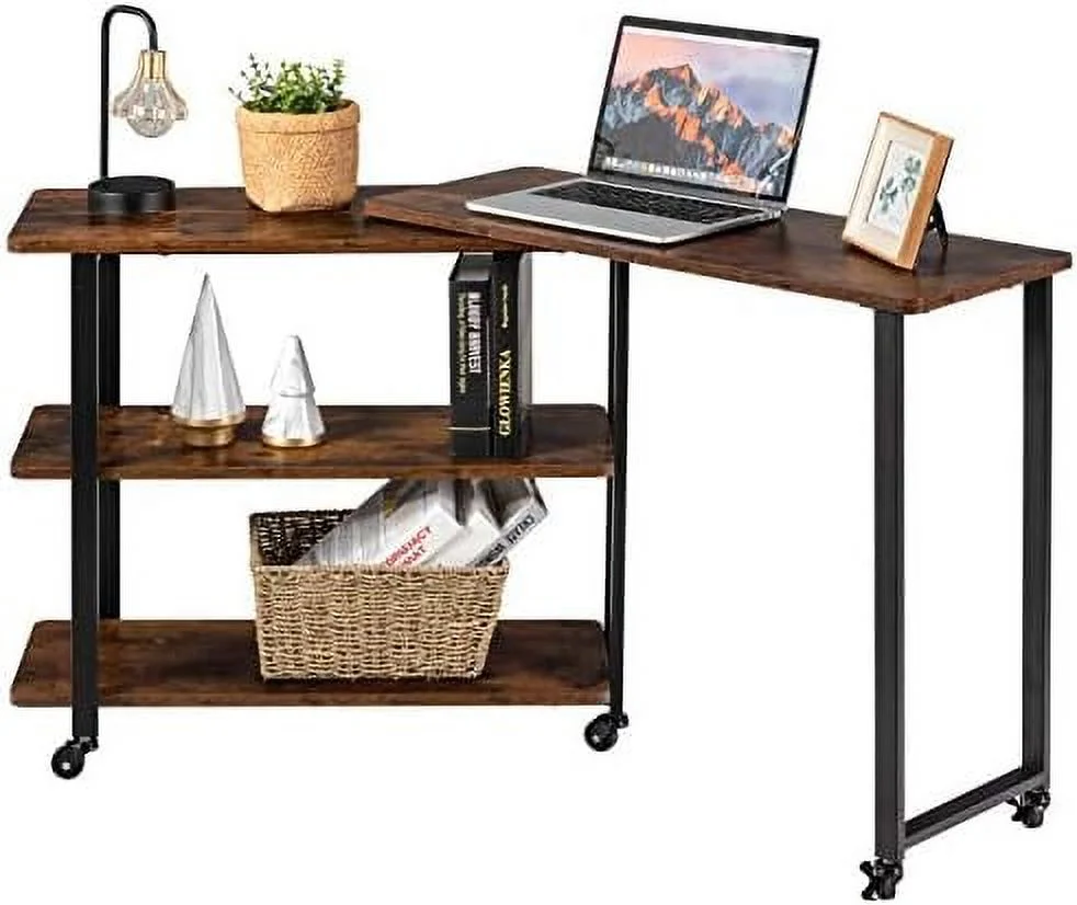 SQSFCB ° Rotating Sofa Patented L-Shaped Corner Desk with 2-Tier Mobile End Table Movable Laptop Table with Casters for Home Office (Rustic Brown)