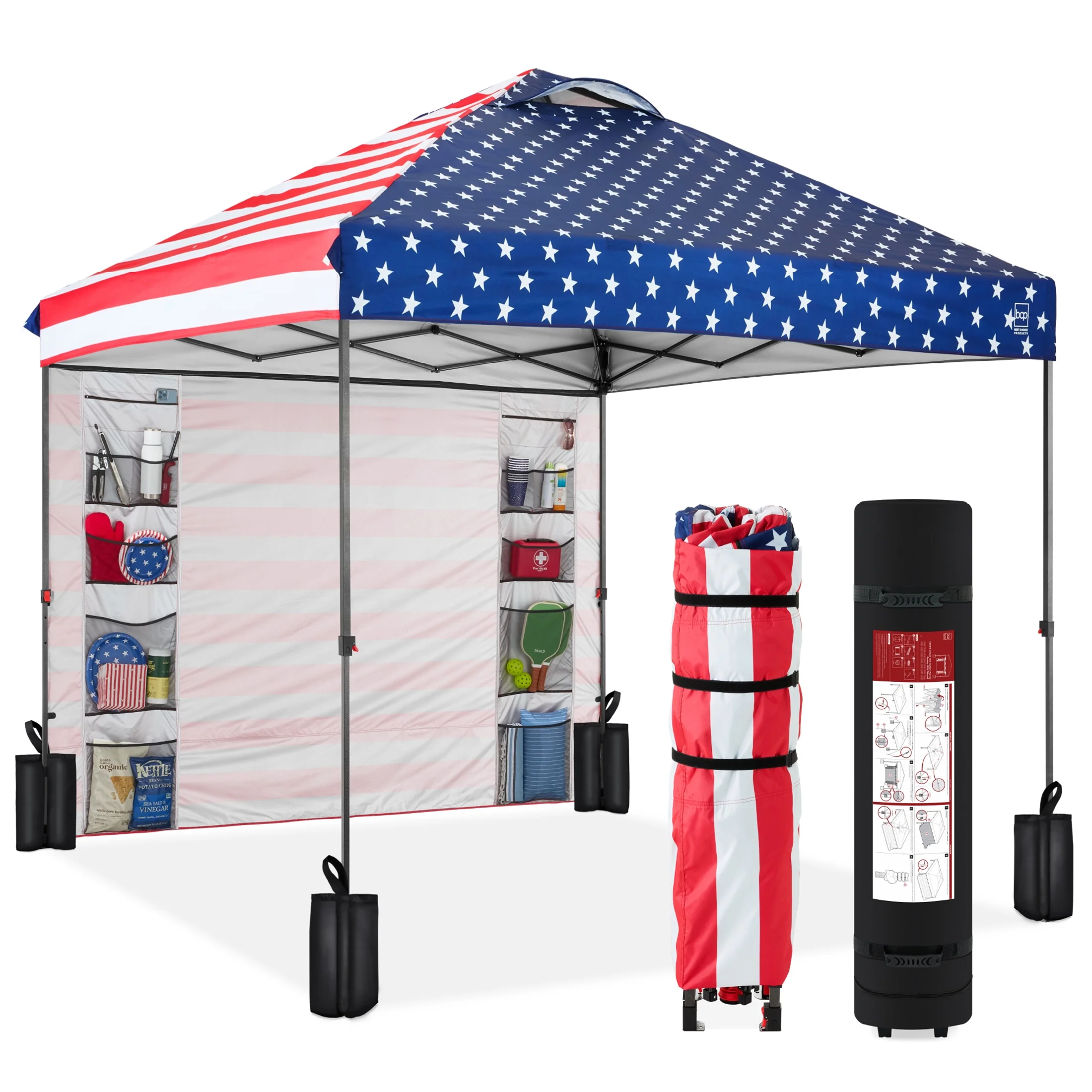 Best Choice Products 10x10ft Easy Setup Pop Up Canopy, Portable Tent w/ Side Wall, 1-Button Push, Case - American Flag