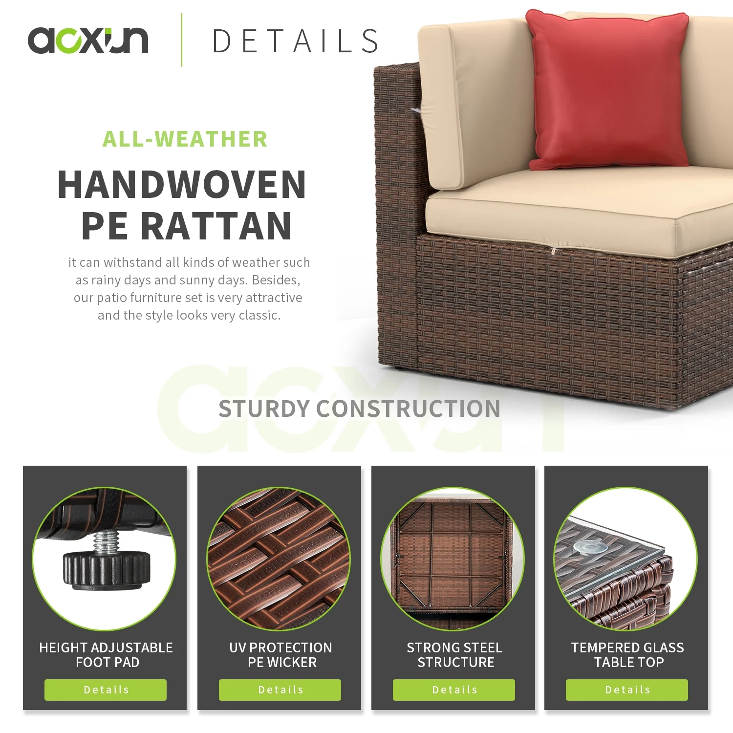 Aoxun 5 Piece Outdoor Patio Conversation Set with 44-inch Fire Pit Table,Outdoor Furniture Sectional Wicker Sofa Set with Beige Cushions