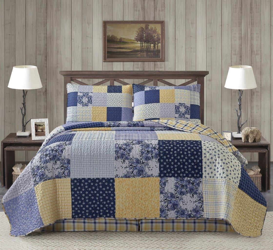 Virah Bella - Garden Walk in Bluebell - Lightweight Reversible 3-Piece Lodge Quilt Set with Decorative Pillow Shams.