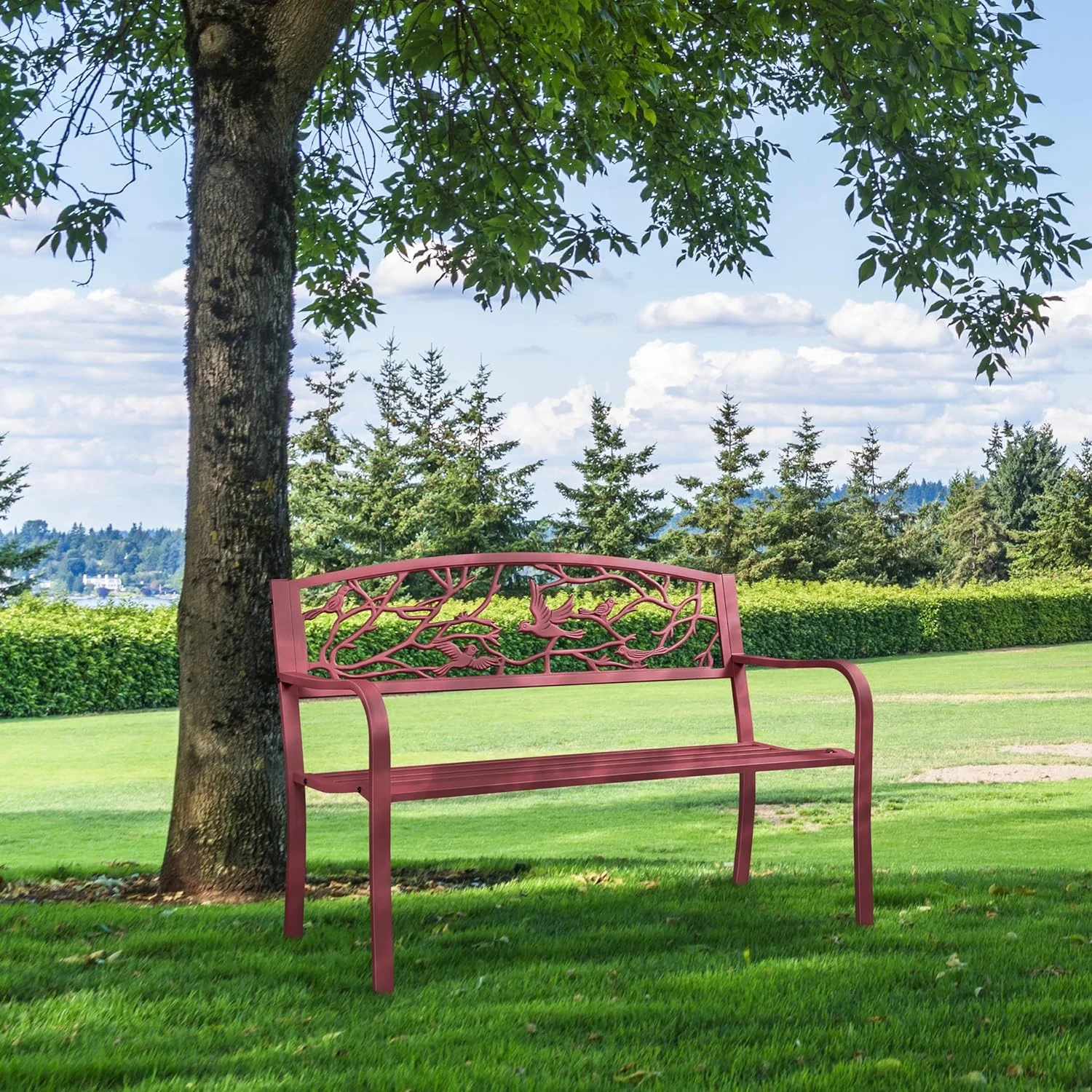 Yaheetech Outdoor Garden Bench Patio Furniture Chair Outdoor Bench with Vintage Bird Pattern Backrest, Slatted Seat, Antique Metal Bench for Yard & Porch & Park, Red