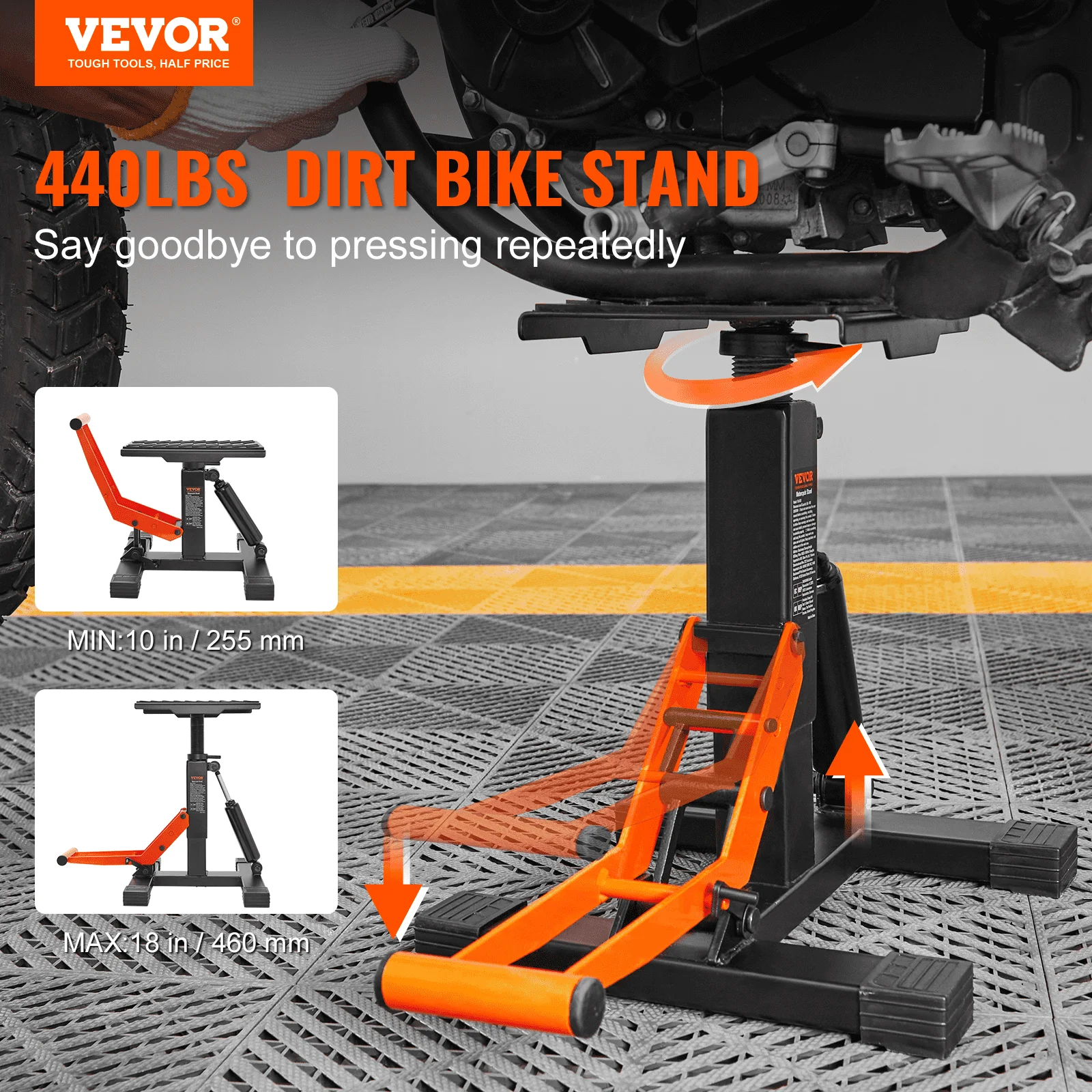 Vevor Dirt Bike Lift Stand, Motorcycle Jack Lift Stand & Hydraulic Lift Operation, Adjustable Height Hoist Table - 440 lbs