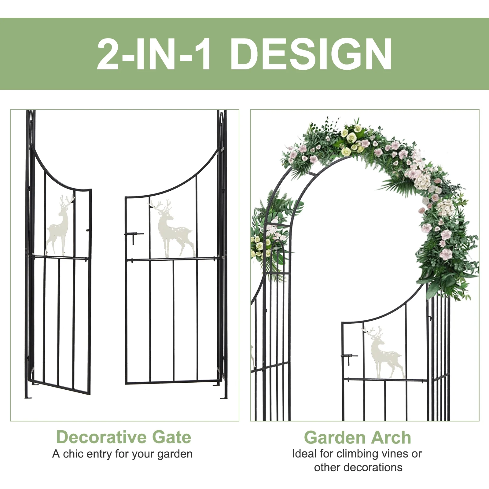 Kinbor 7.8Ft Decorative Steel Garden Arch Arbor Trellis with Gate, Heavy-Duty Arbour Pergola,Outdoor Garden Archway, Black