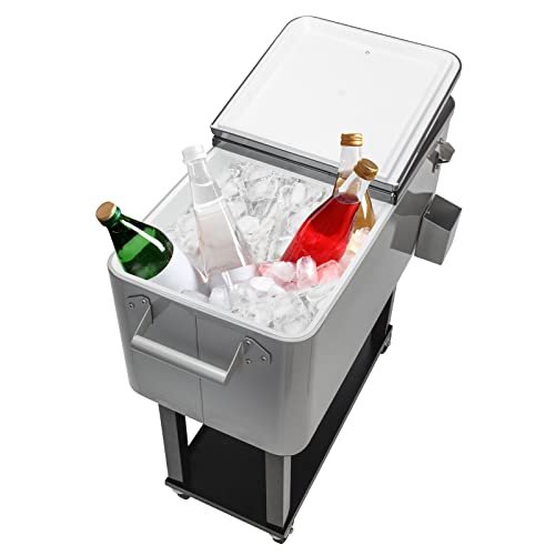 80 Quart Rolling Cooling Bins Ice Chest on Wheels - Outdoor Stand Up Drink Cooler Cart with Bottle Opener Drainage, Perfect for Backyard Patio Deck Parties and Entertaining Guests (Grey)