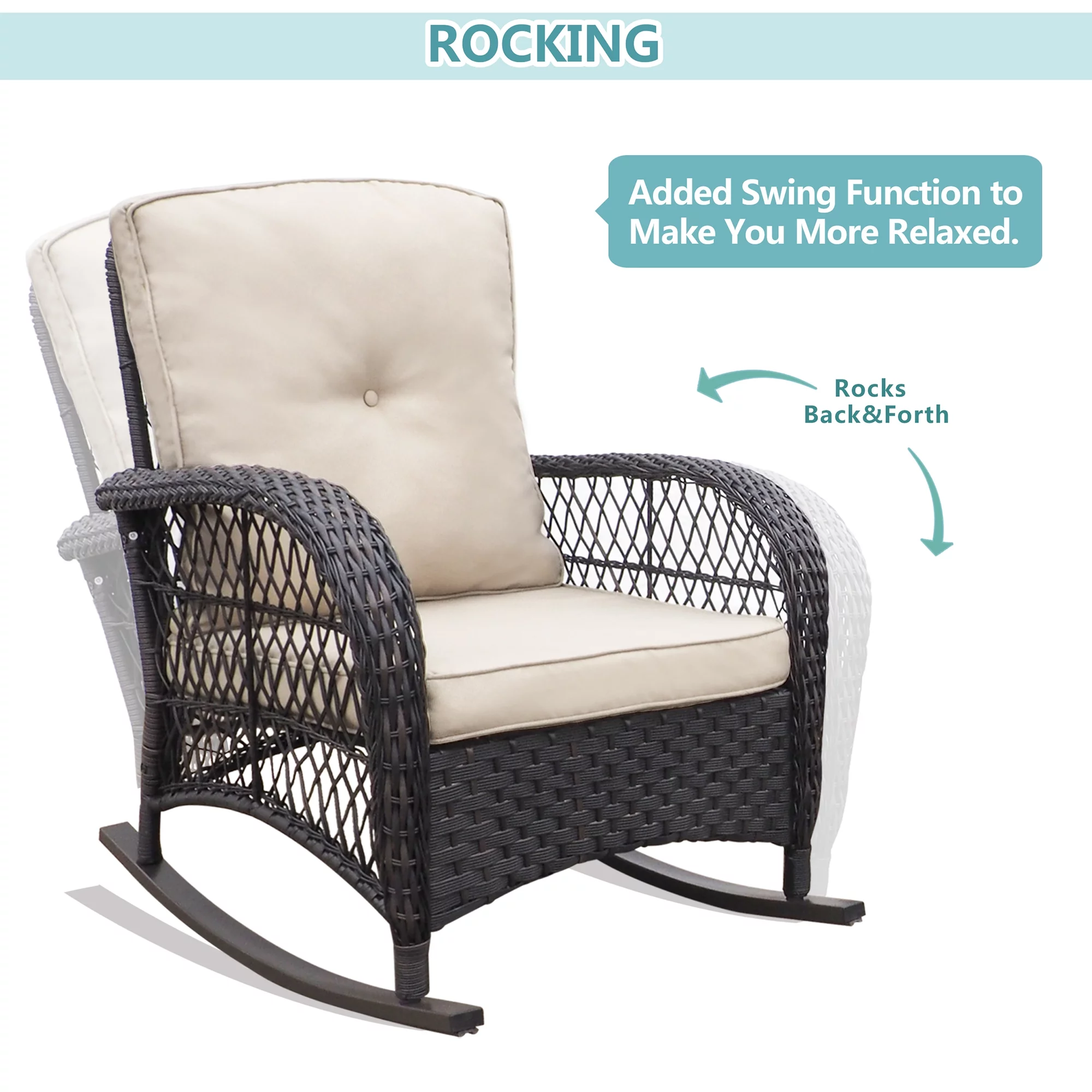 Skypatio 3Pcs Outdoor Rattan Rocking Chair Sets for Porch, Kahki