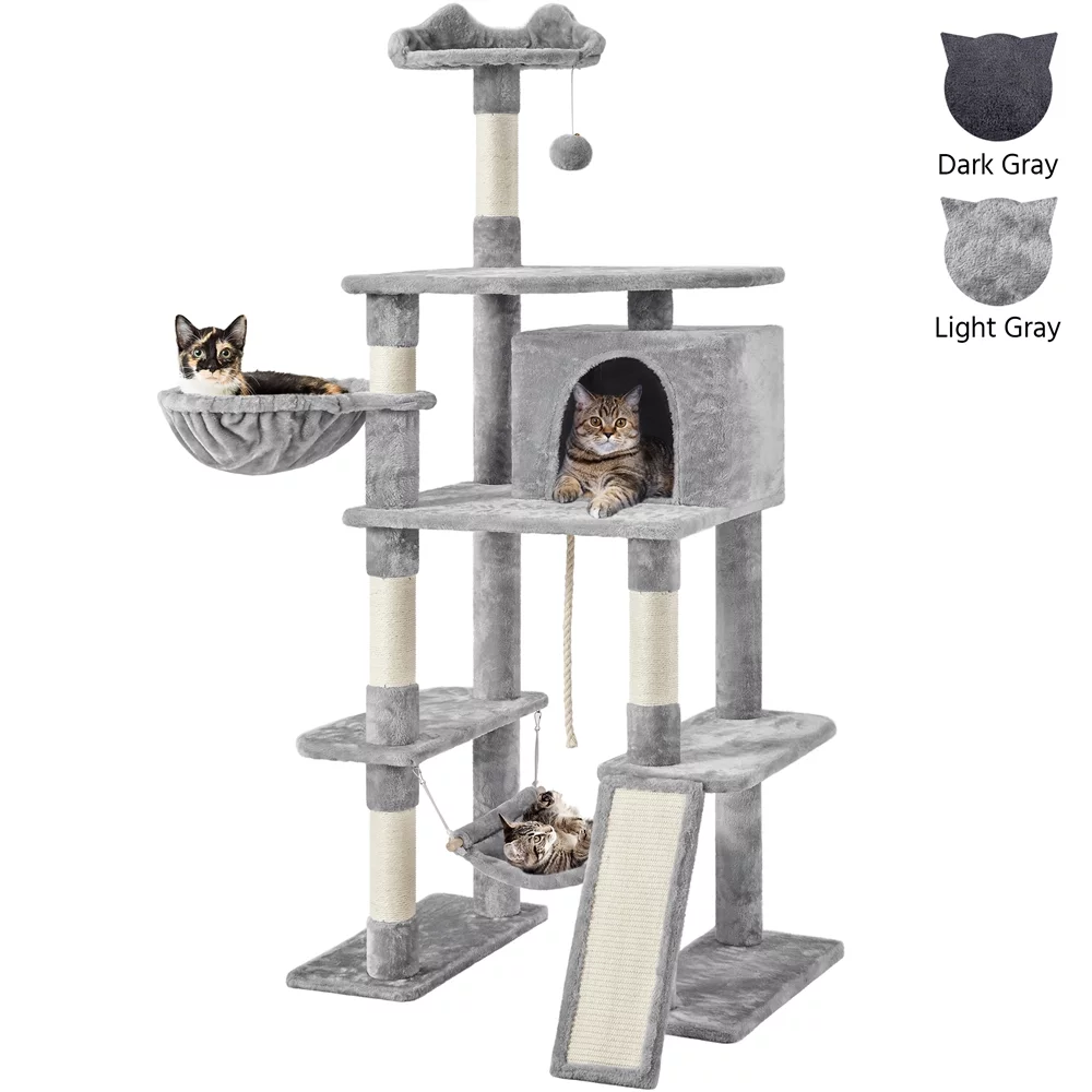 Easyfashion 69.5-inch Cat Tree Cat Activity Center with Scratching Post Tunnel Light Gray