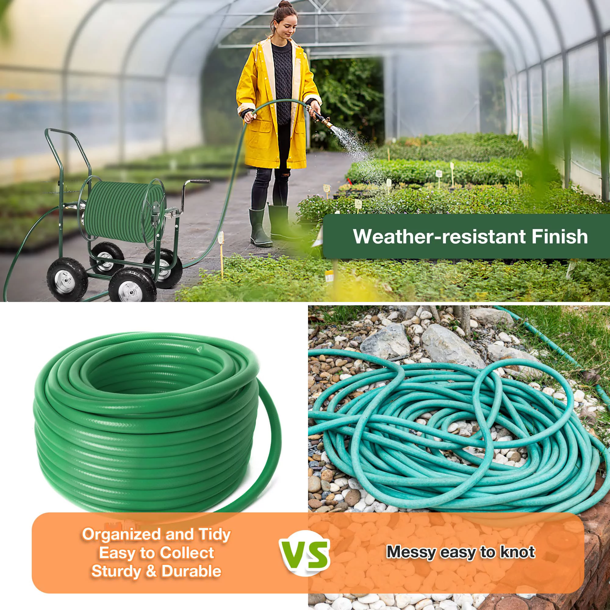Hose Reel Cart with 4 Wheels,Water Hose Reel for Outside, Heavy-Duty Garden Hose Trusk Holds 230 ft. of 5/8-inch Hose, Green