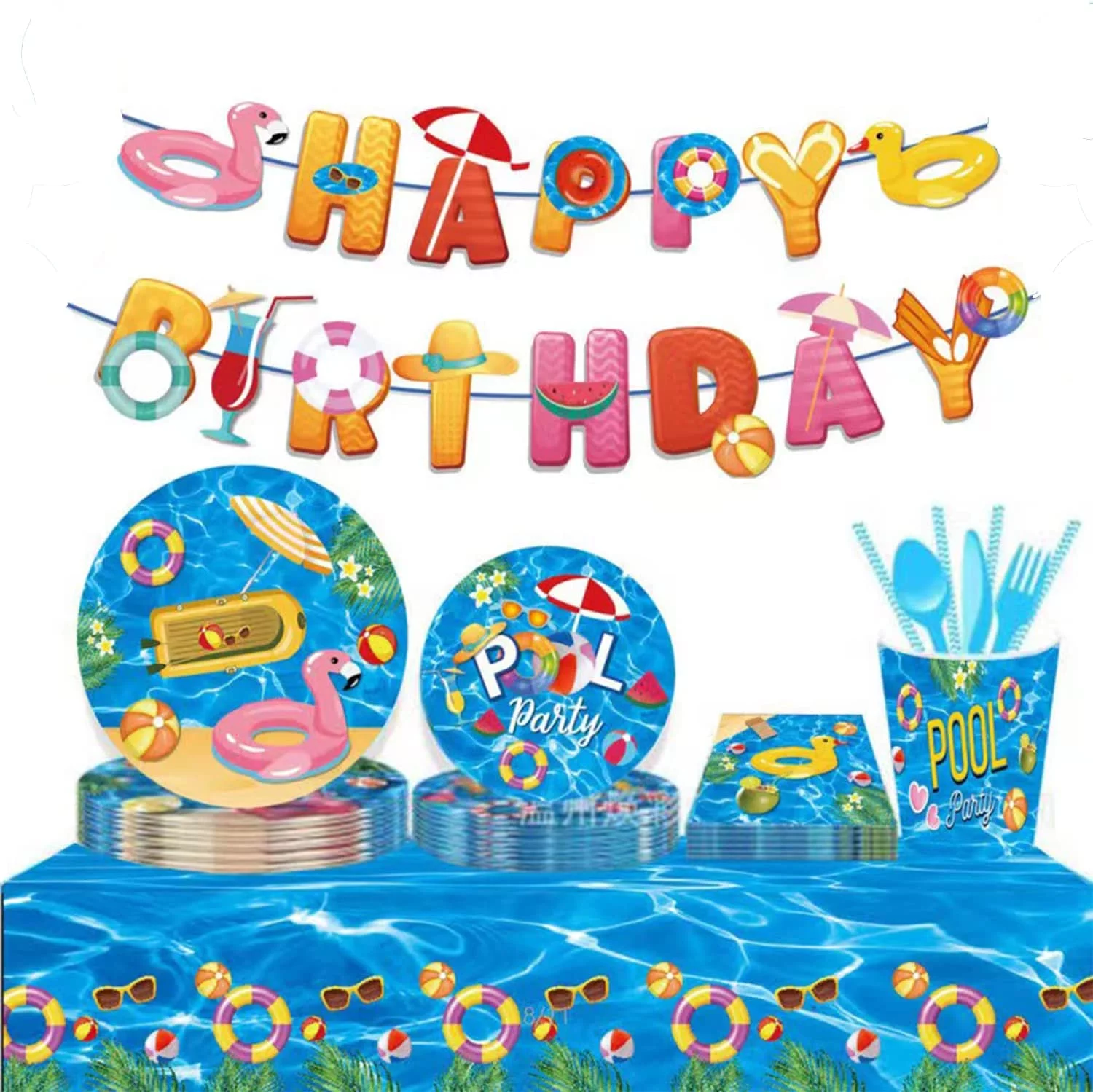 Summer Pool Theme Birthday Party Supplies,Summer Swimming Pool Theme Birthday Party Tableware Set Including Paper Plates Napkins Tablecovers Cups Straws Serves 16 Guests