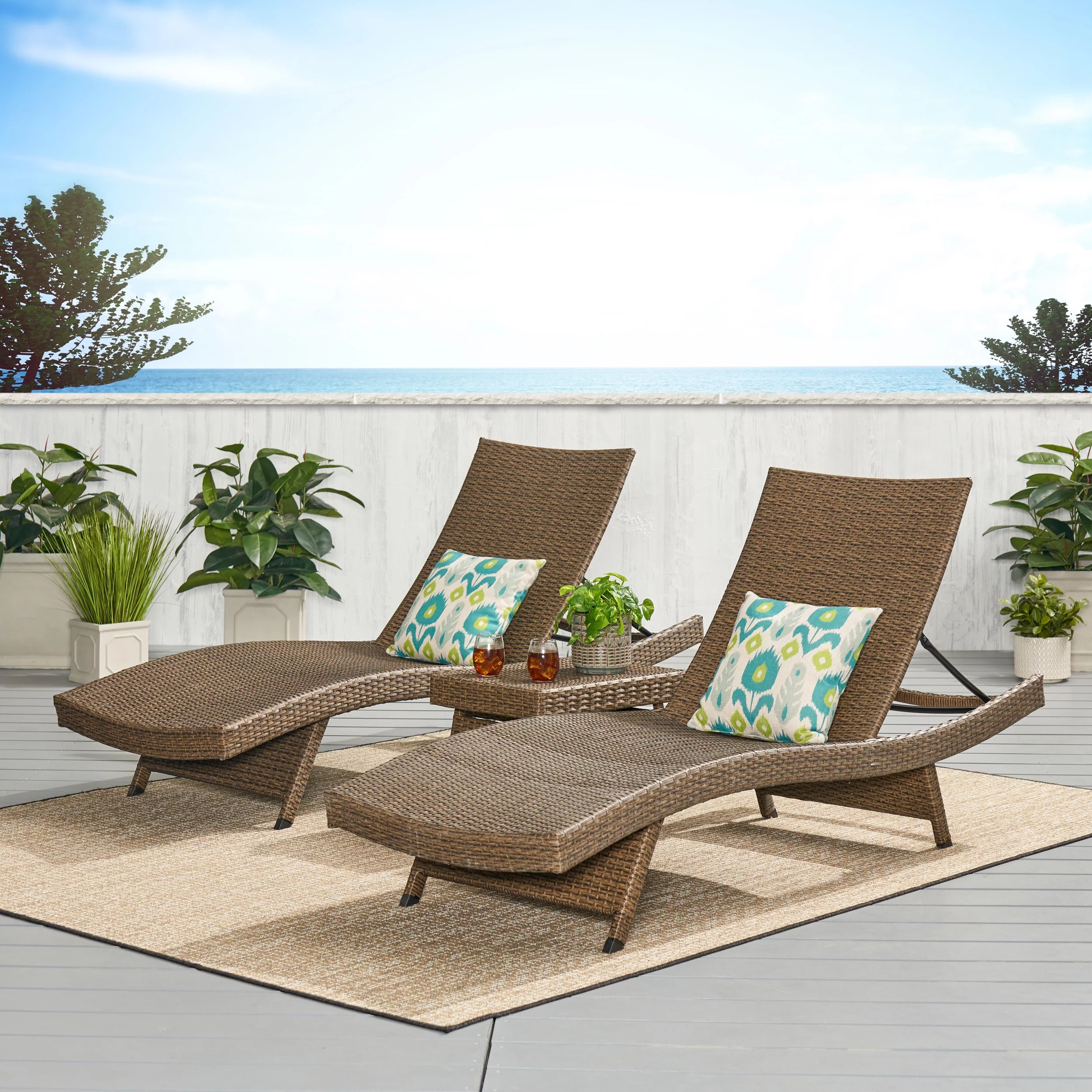 Bailee Outdoor 3 Piece Armless Wicker Chaise Lounge and Table Set, Mix Mocha